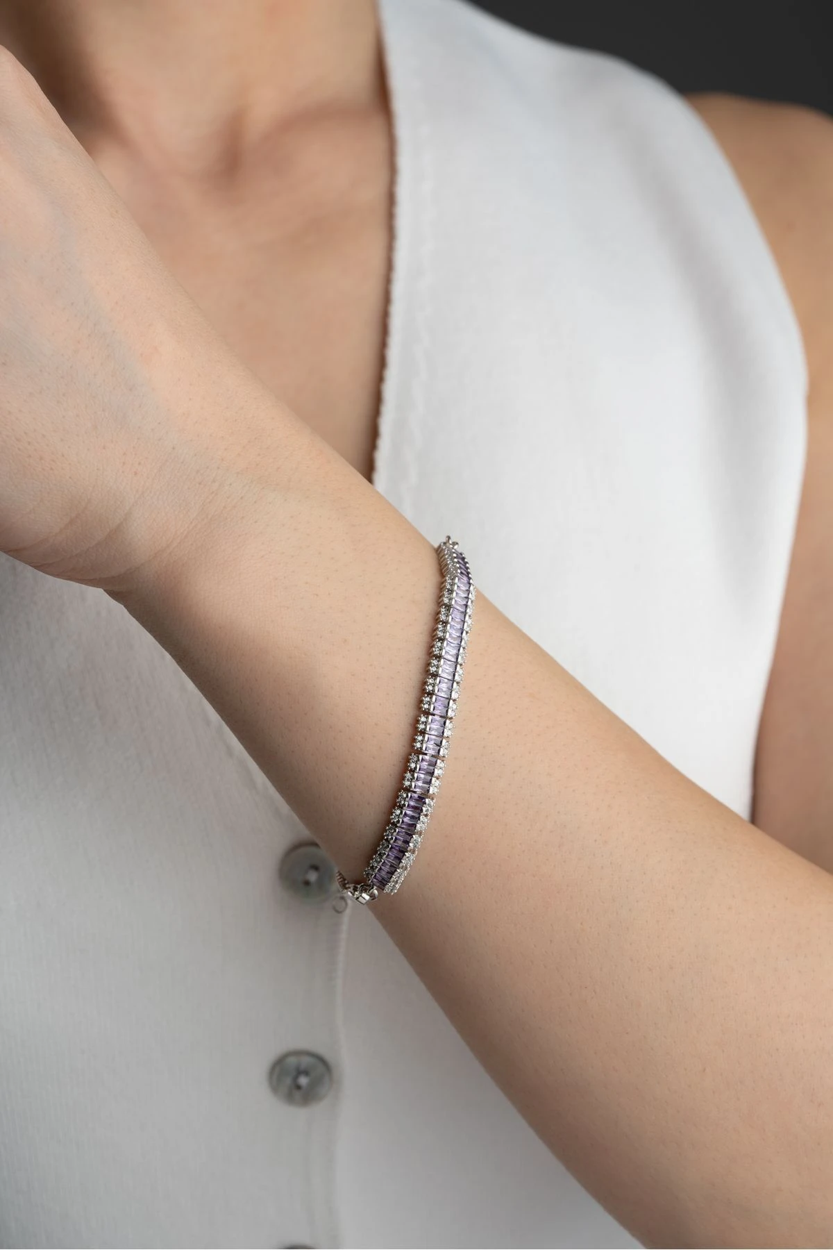 Gümüş Lila Baget Taşlı Bileklik