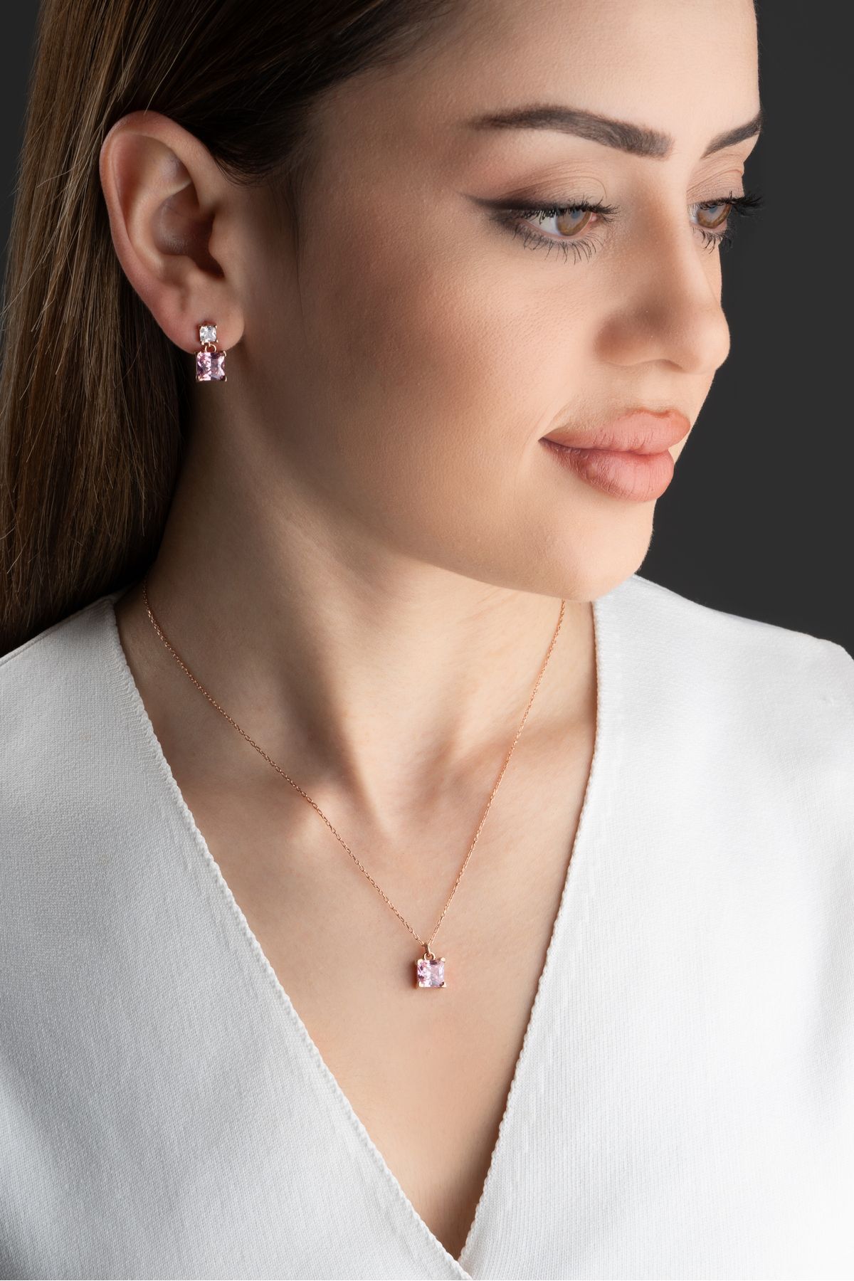 Gümüş Pembe Baget Taşlı Kolye Küpe Seti