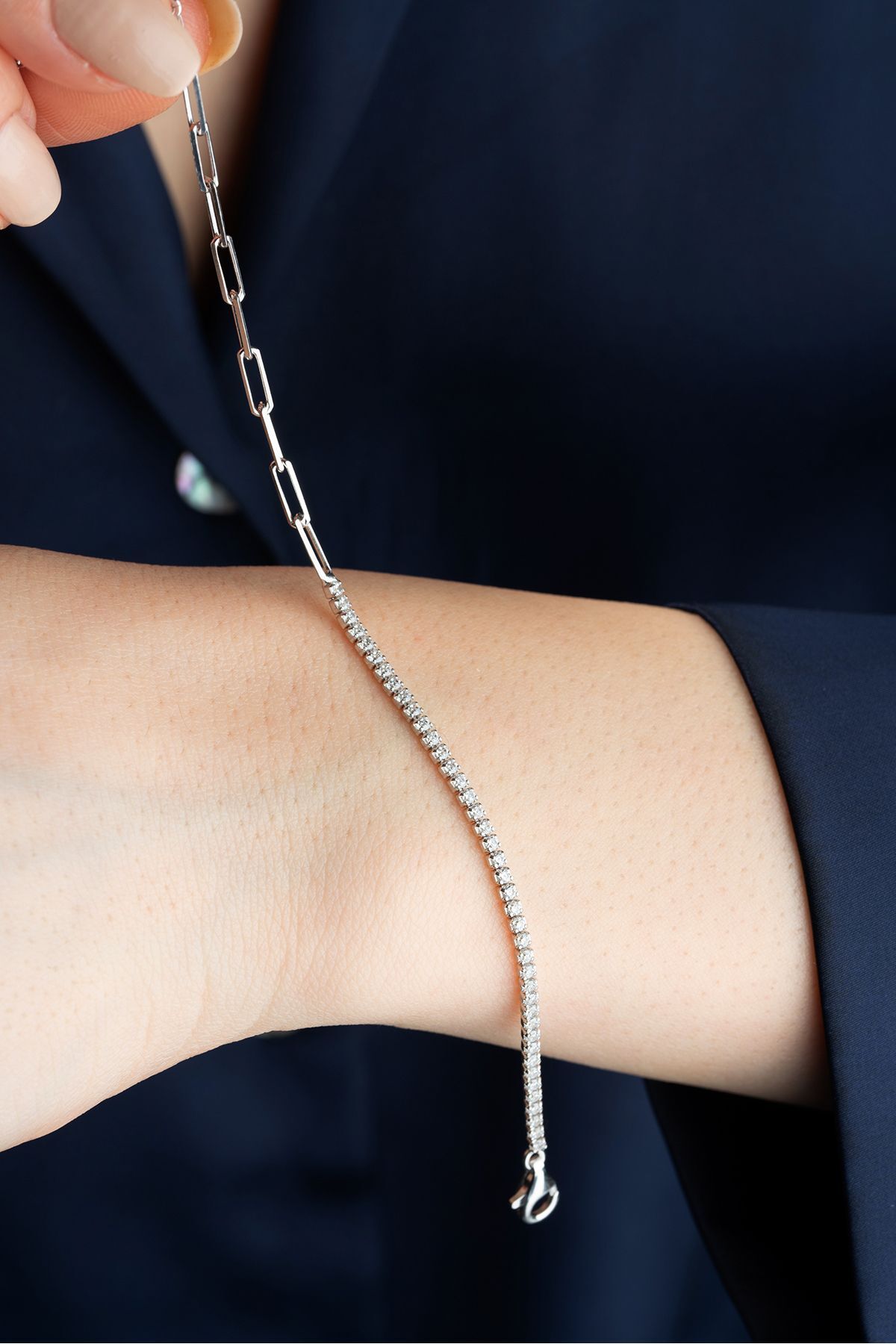 Gümüş Sıra Taşlı Zincir Bileklik