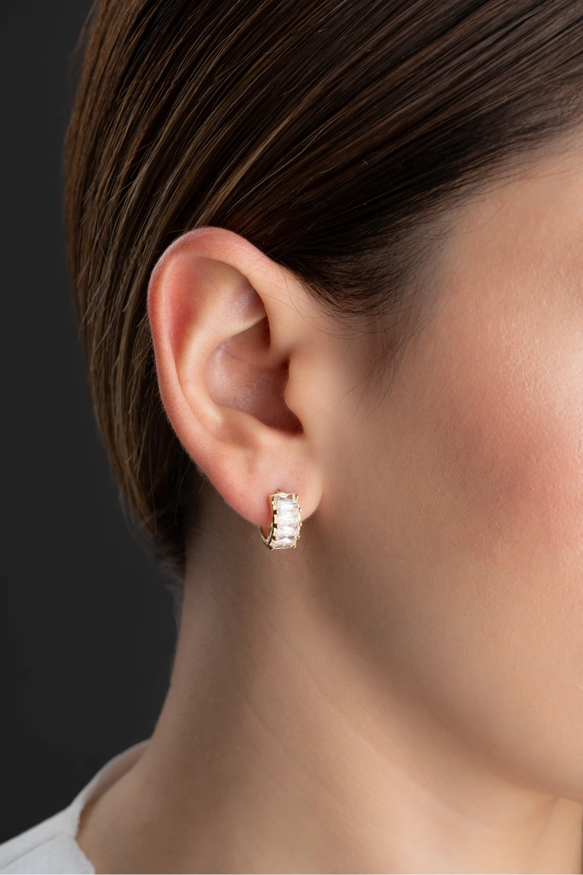 Gümüş Baget Taşlı Halka Küpe