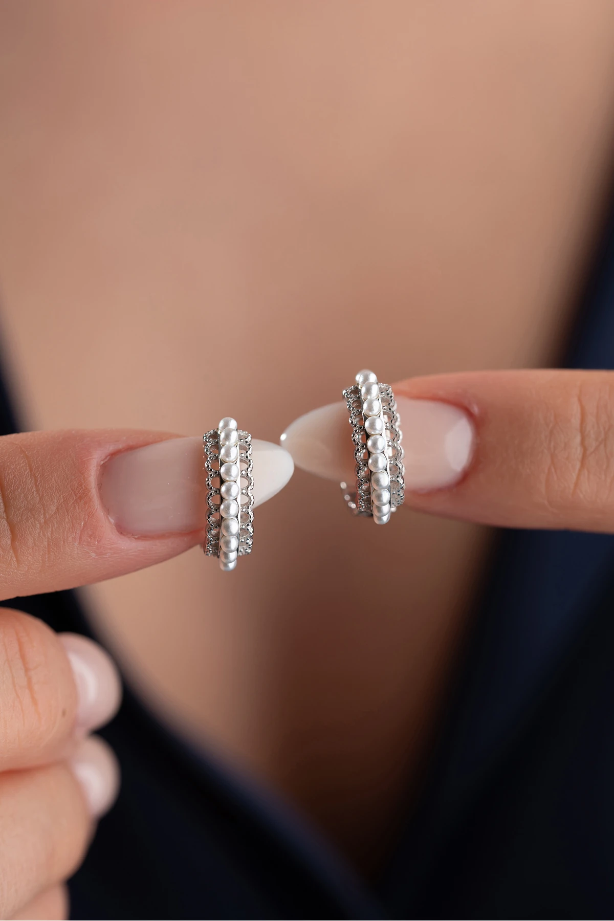 Gümüş İncili Halka Küpe