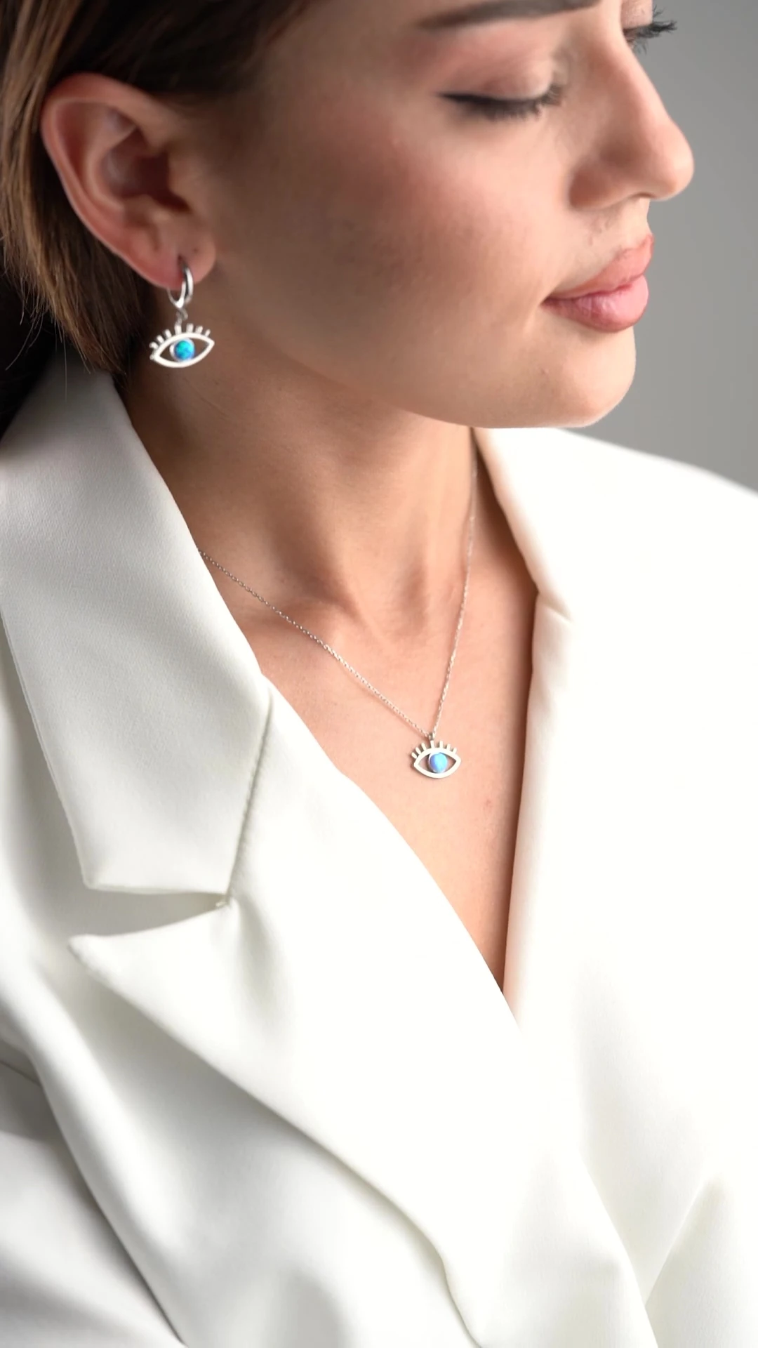 Gümüş Göz Opal Taşlı (Kolye-Küpe) Seti