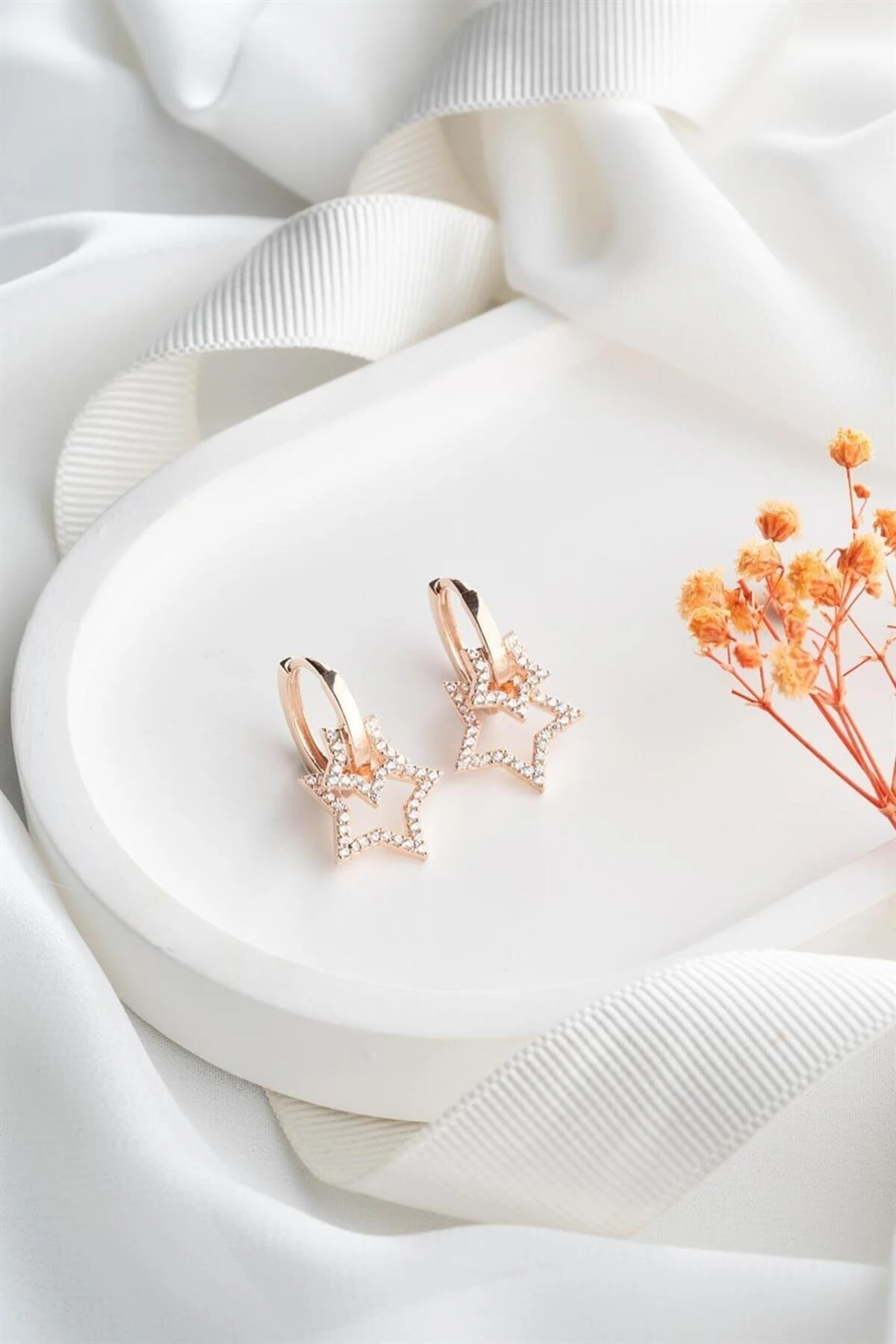 Rose Çift Yıldız Gümüş Küpe