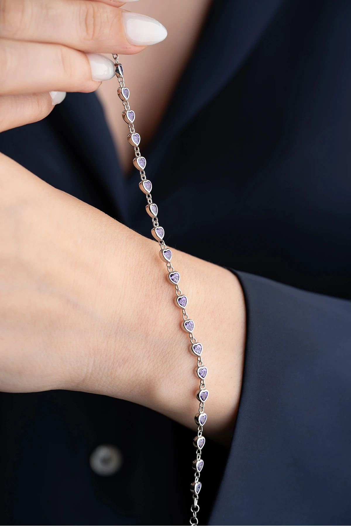 Gümüş Kalpli Mor Su Yolu Bileklik