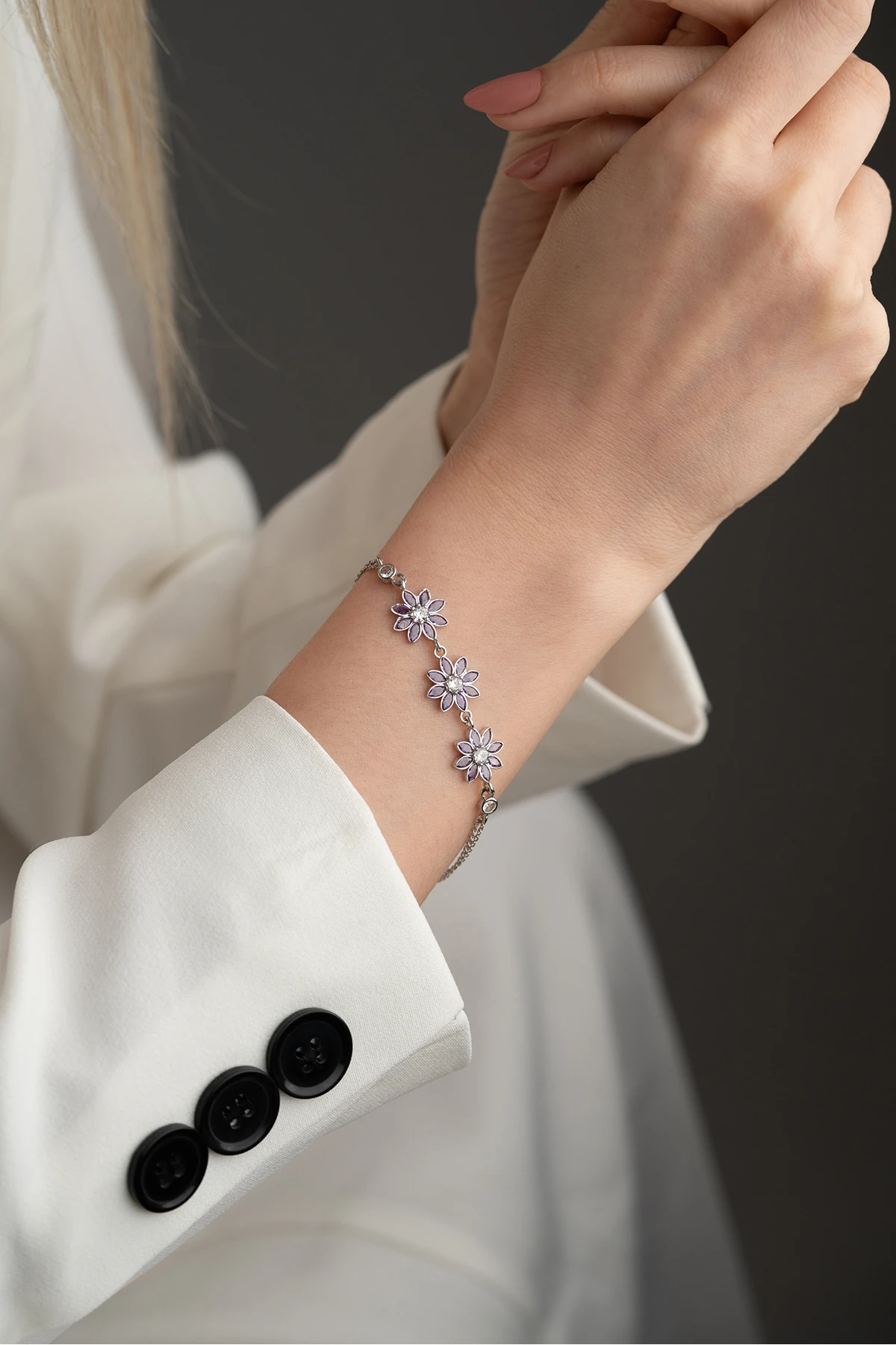 Gümüş Mor Taşlı 3'lü Lotus Bileklik