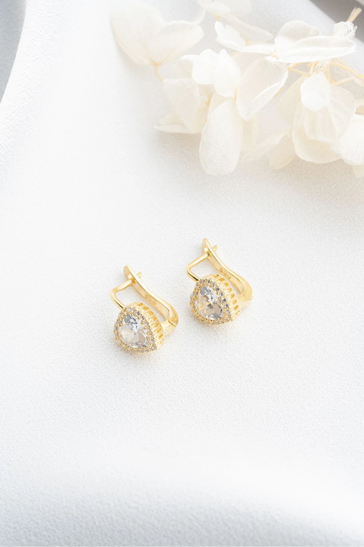 Gümüş Gold Zirkon Taşlı Kalp Küpe