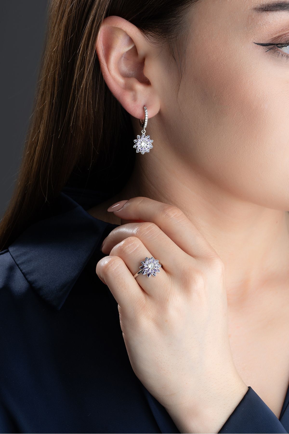 Gümüş Lotus Çiçeği Yüzük Küpe Seti