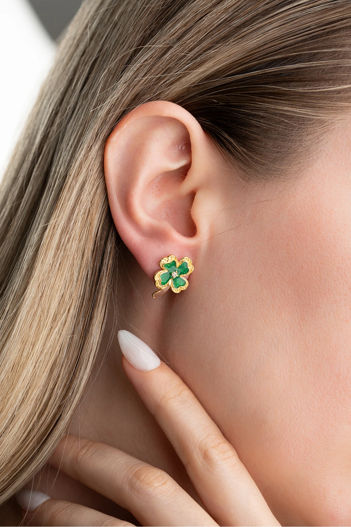 Gümüş Gold Mineli Yonca Küpe