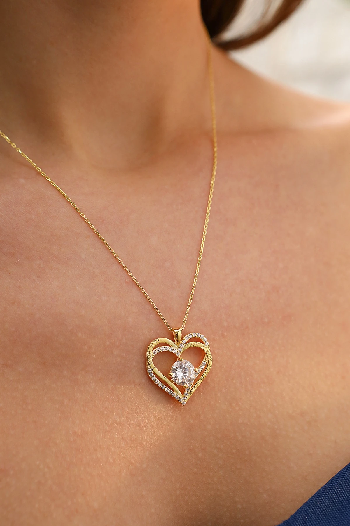 Gümüş Taşlı Kalp I Love You Kolye