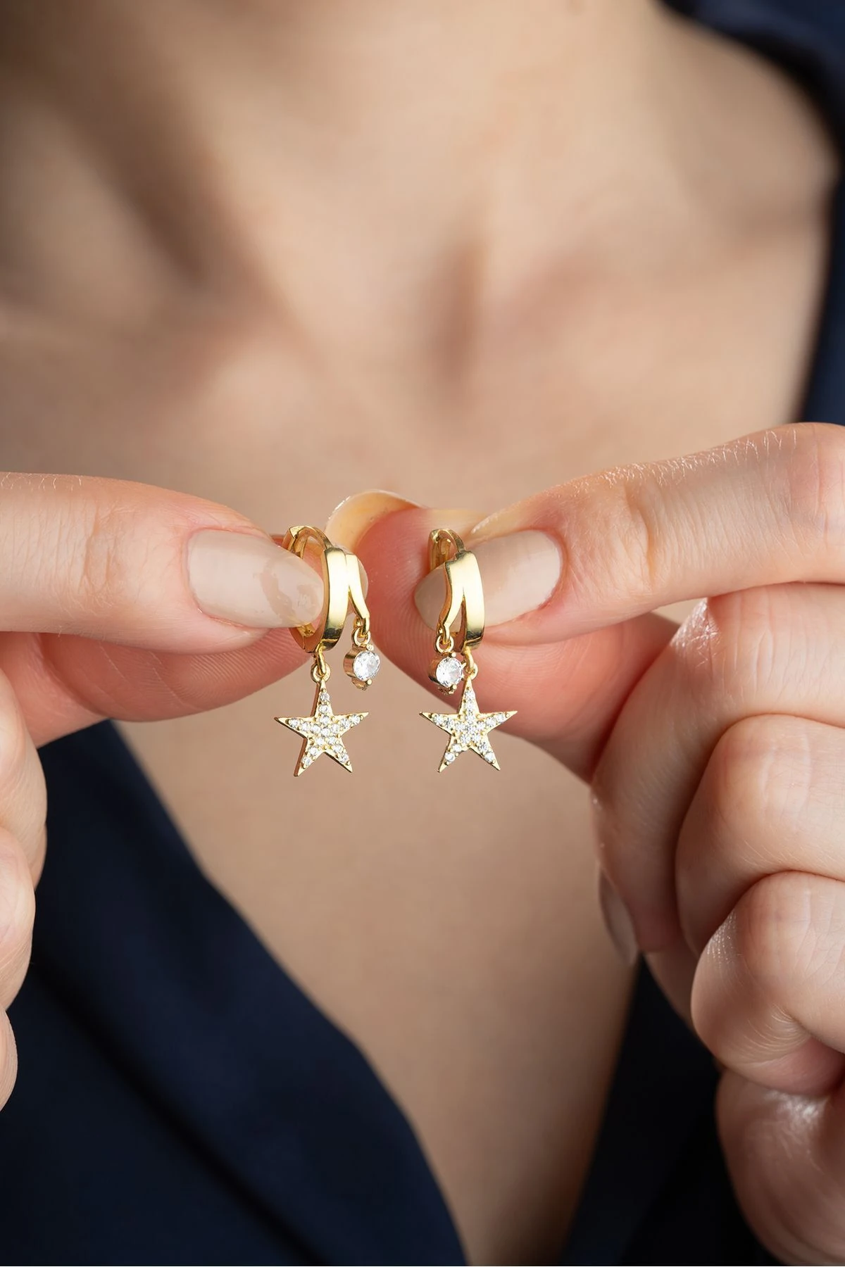 Gümüş Gold Çift Taşlı Yıldız Küpe