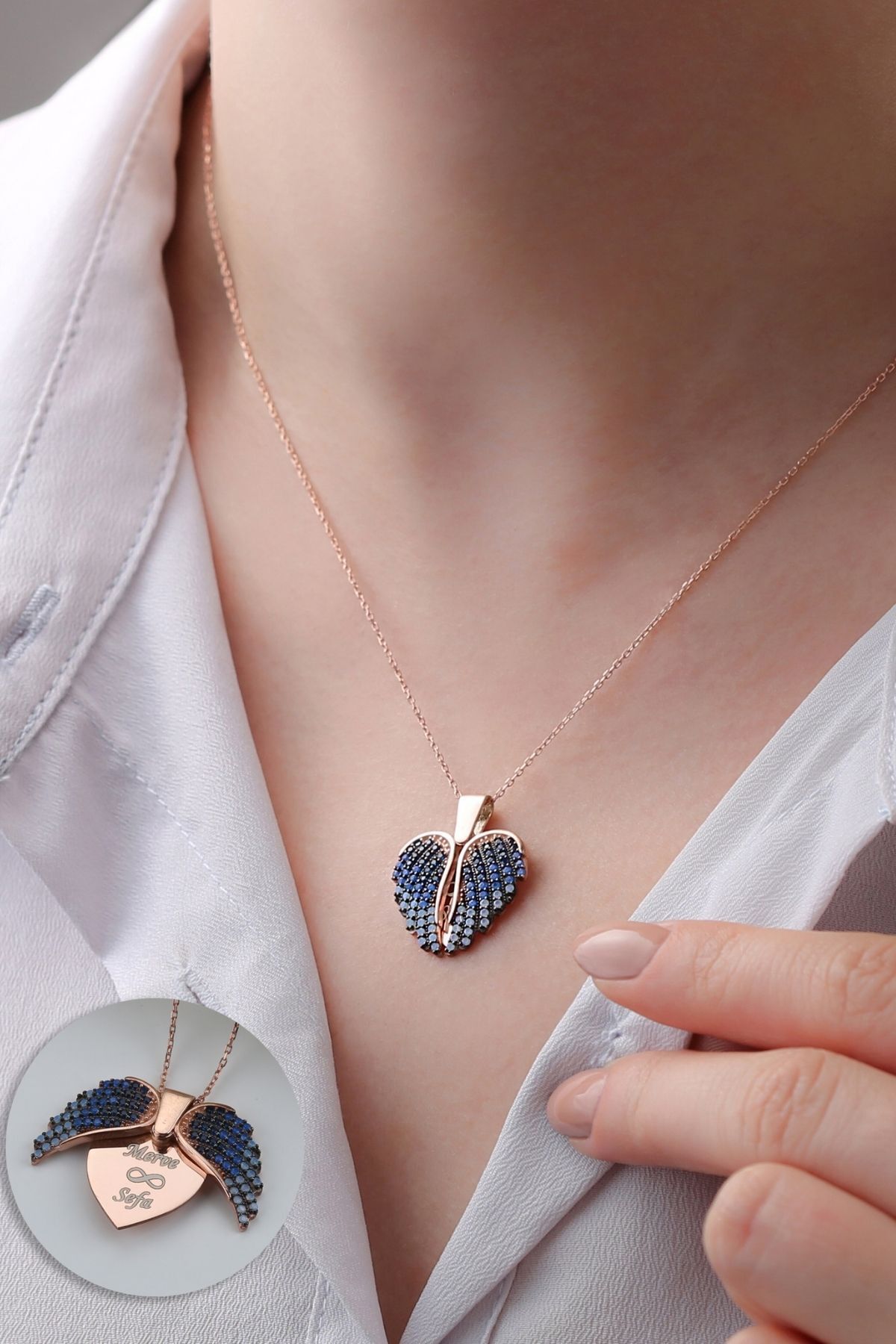 Gümüş Mavi Kanatlı Kalp Kolye