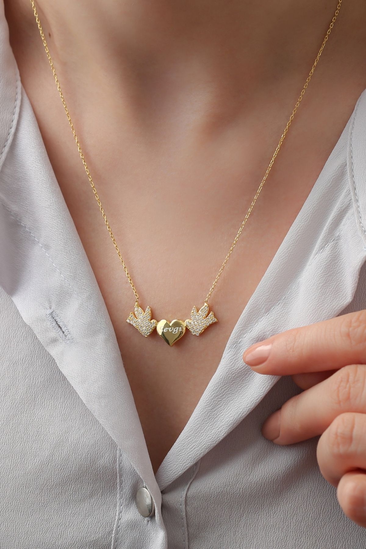 Gümüş Kişiye Özel Kalpli Kuşlar Kolyesi