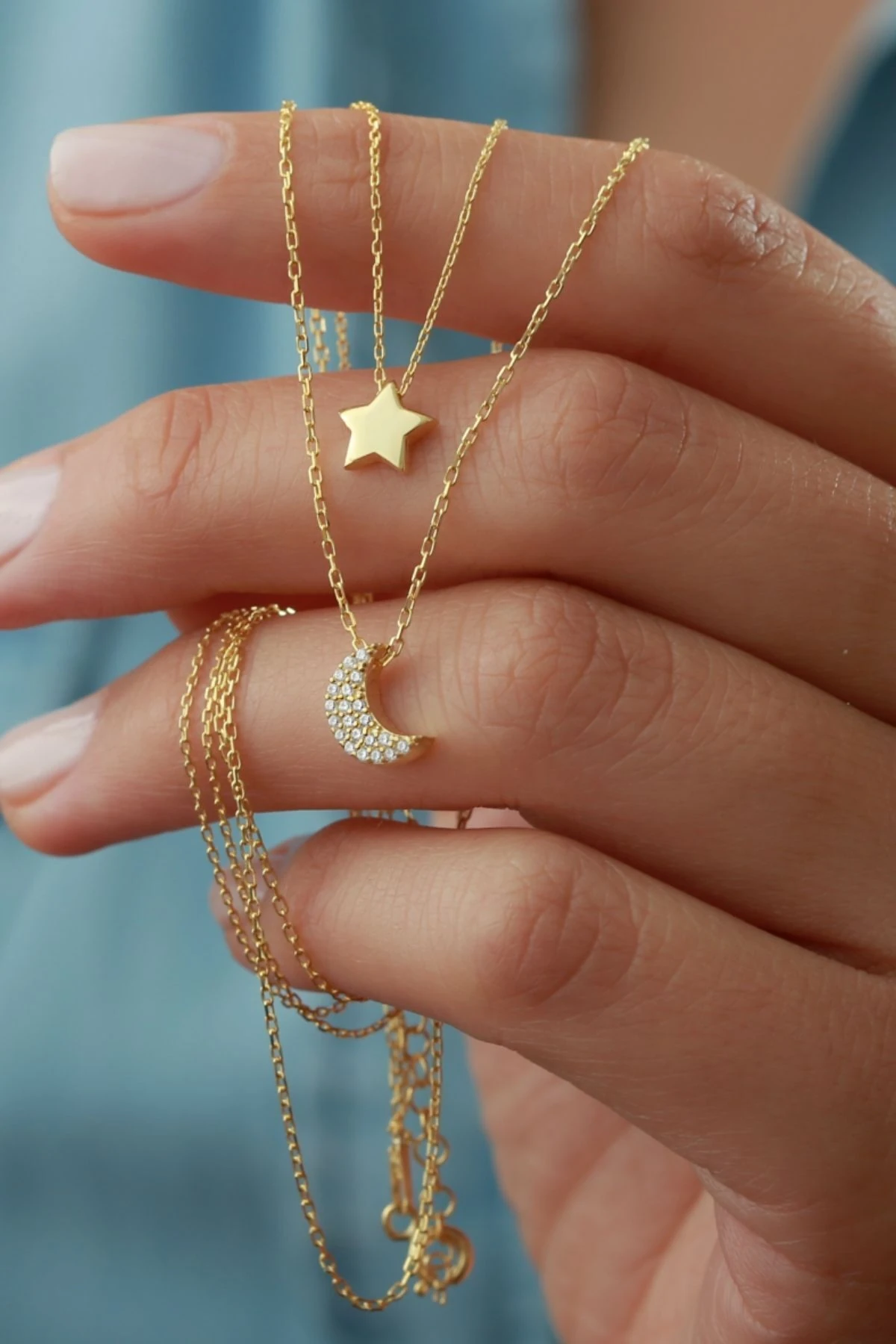 Gümüş Ay Yıldız Çiftli Kolye