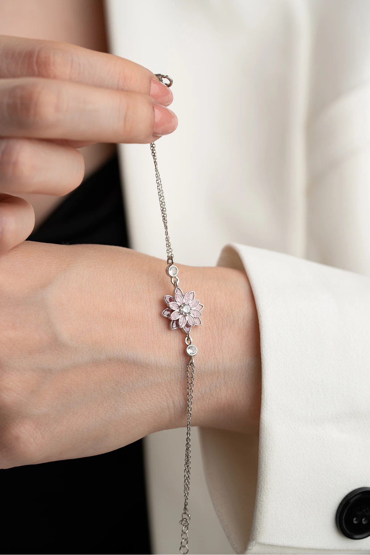 Gümüş Pembe Taşlı Lotus Bileklik