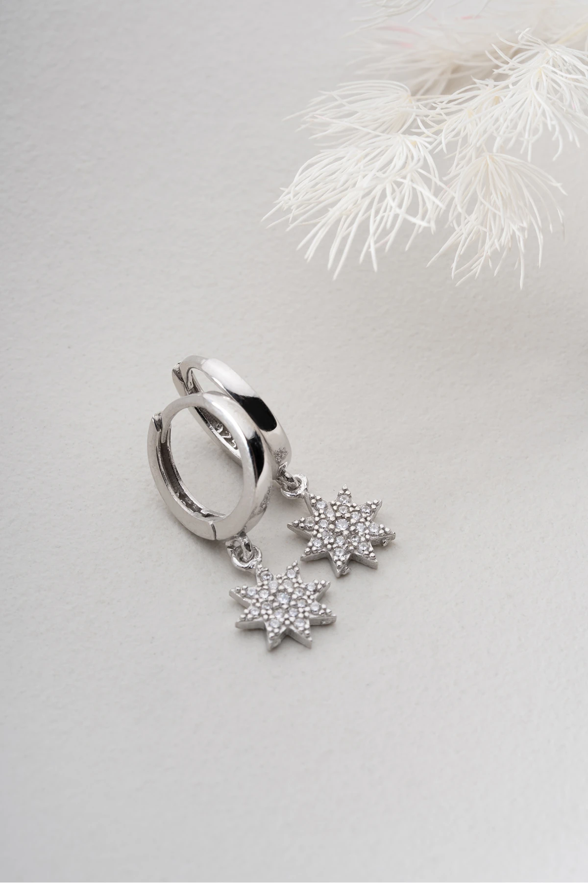 Gümüş Halkalı Taşlı Yıldız Küpe