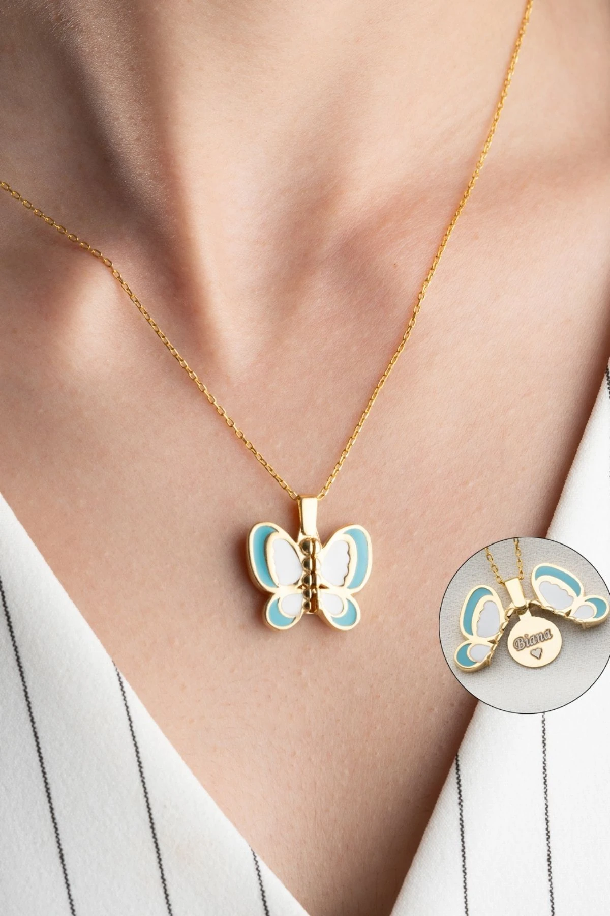 Gümüş Mineli Açılabilen İsimi Kelebek Kolye