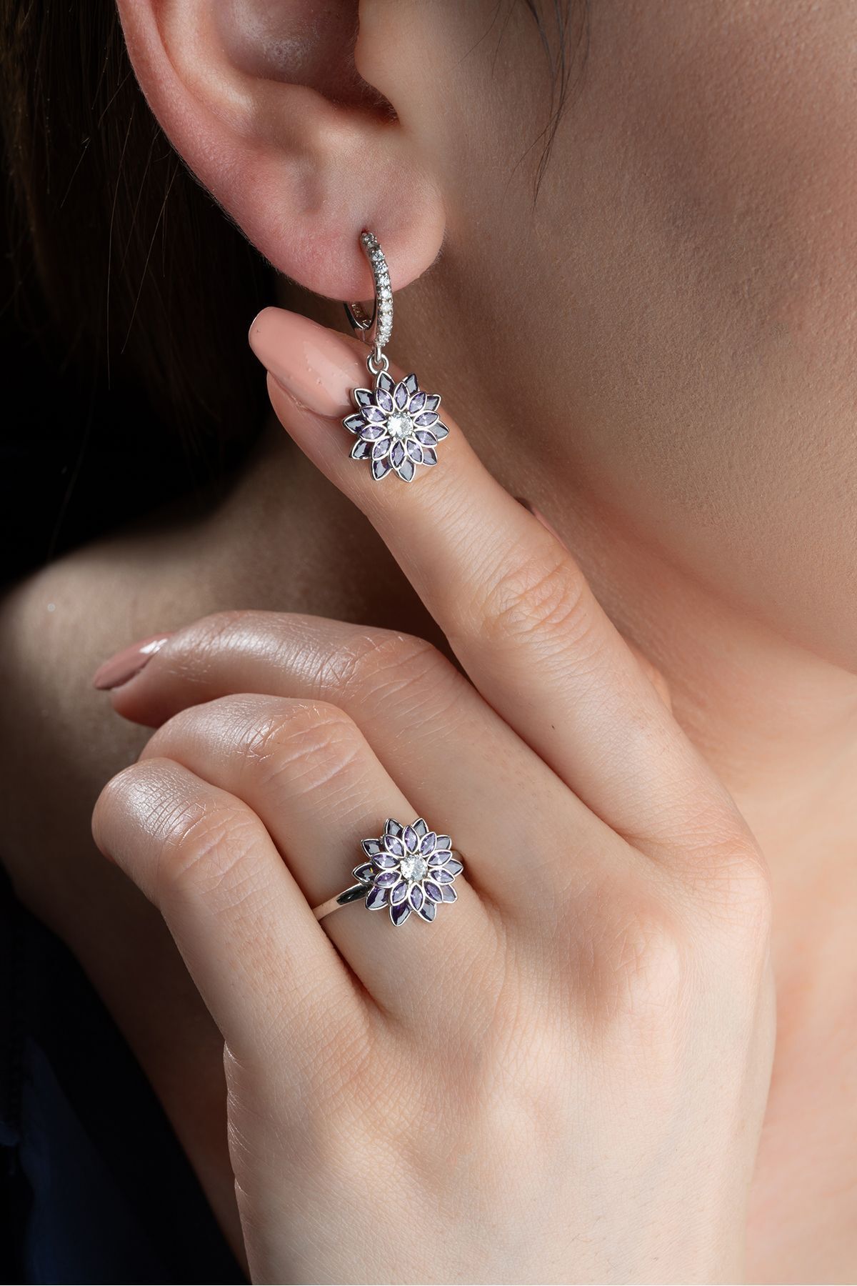 Gümüş Lotus Çiçeği Yüzük Küpe Seti