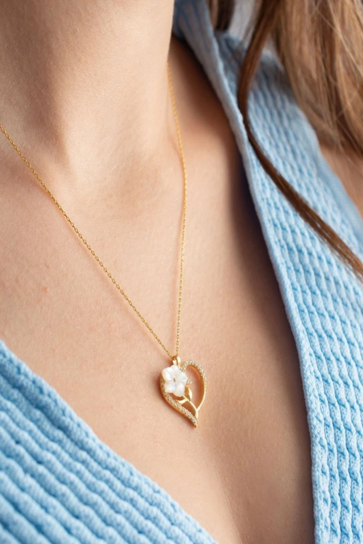 Gold Zirkon Taşlı Sedefli Kalp Gümüş Kolye