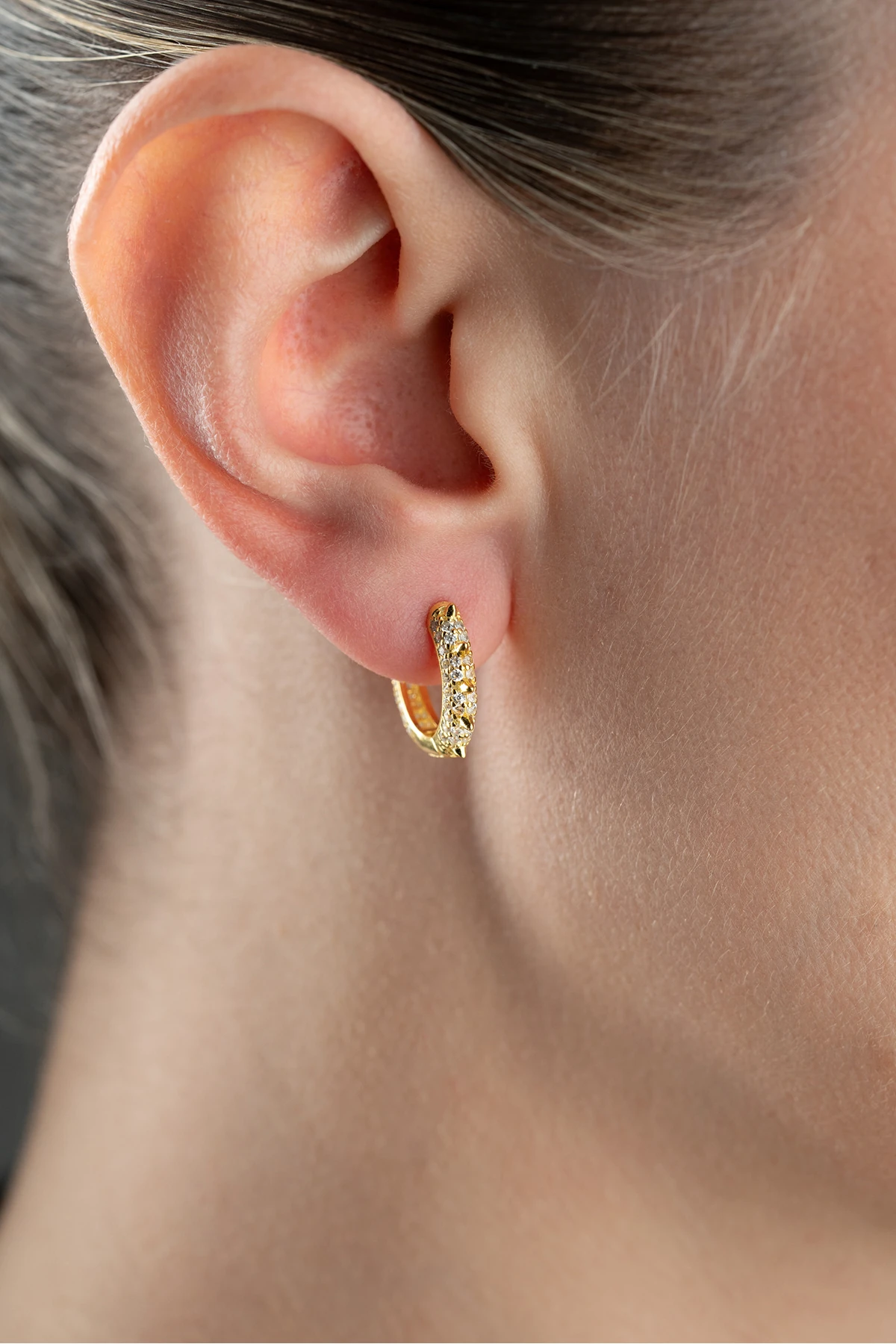 Gümüş Gold Zirkon Taşlı Halka Küpe