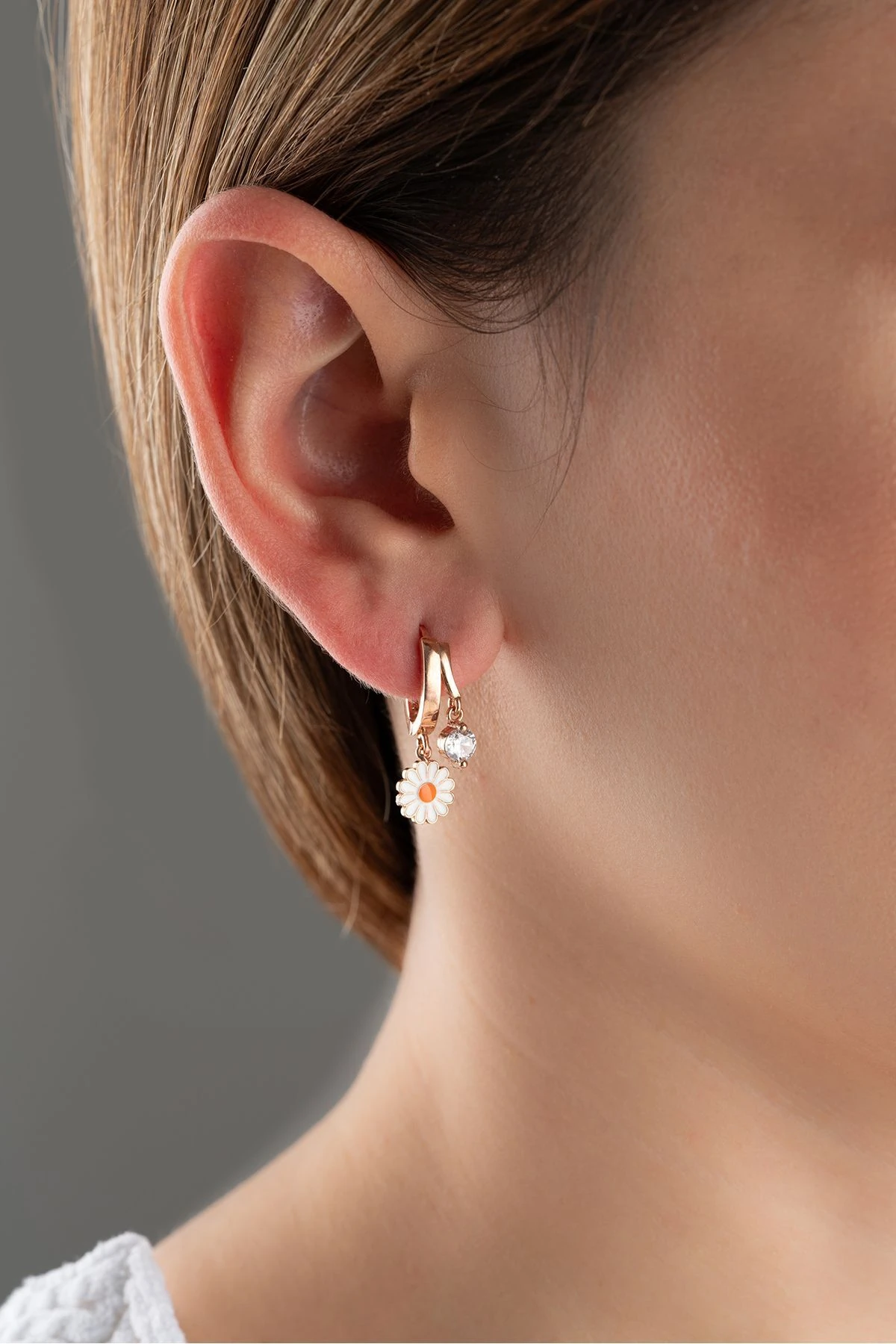 Gümüş Çift Taşlı Papatya Küpe