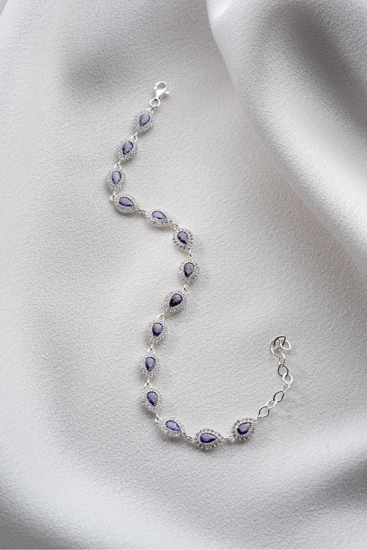 Gümüş Su Yolu Damla Ametist Taşlı Bileklik