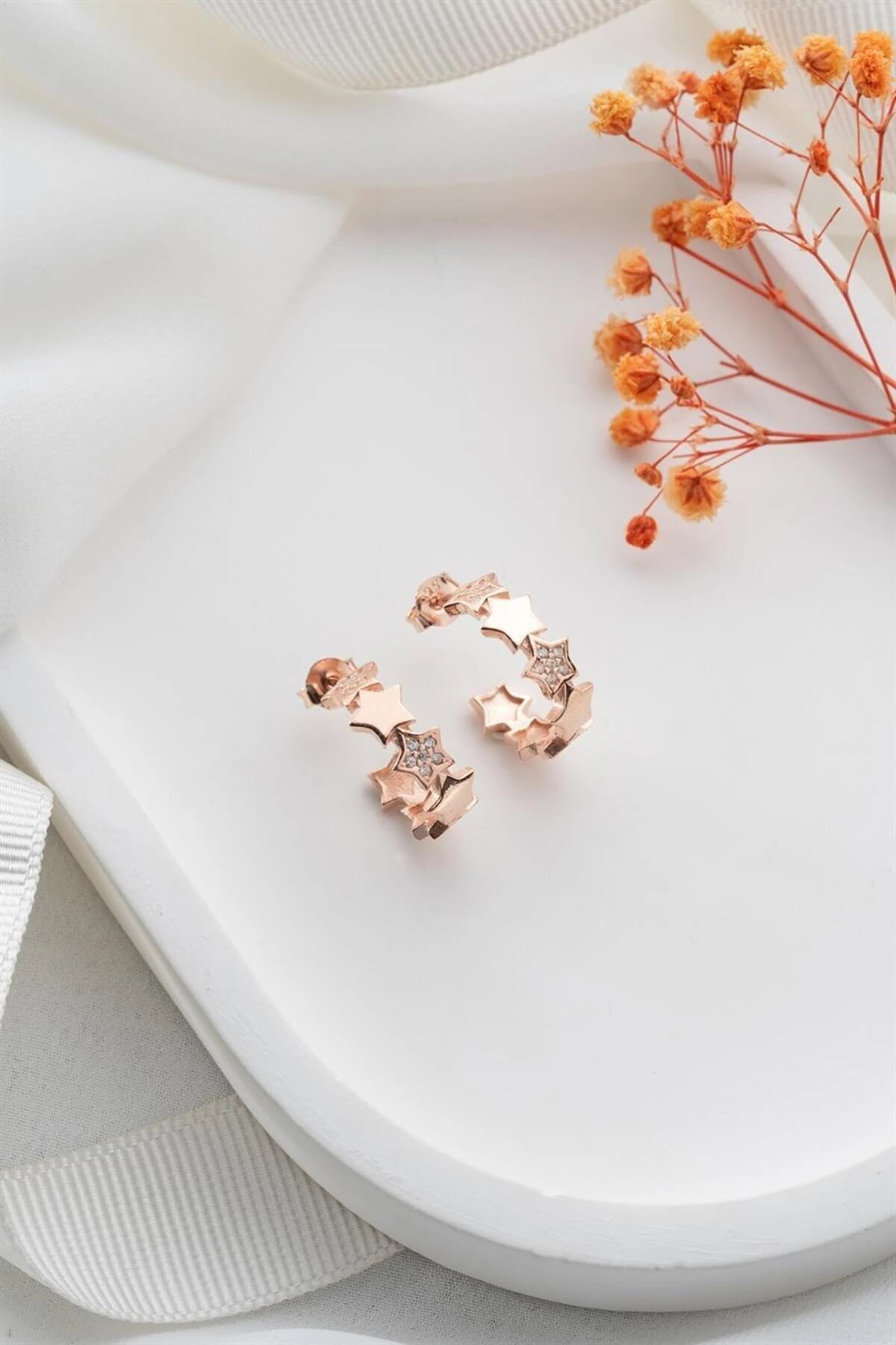 Rose Yıldızlı Halka Gümüş Küpe