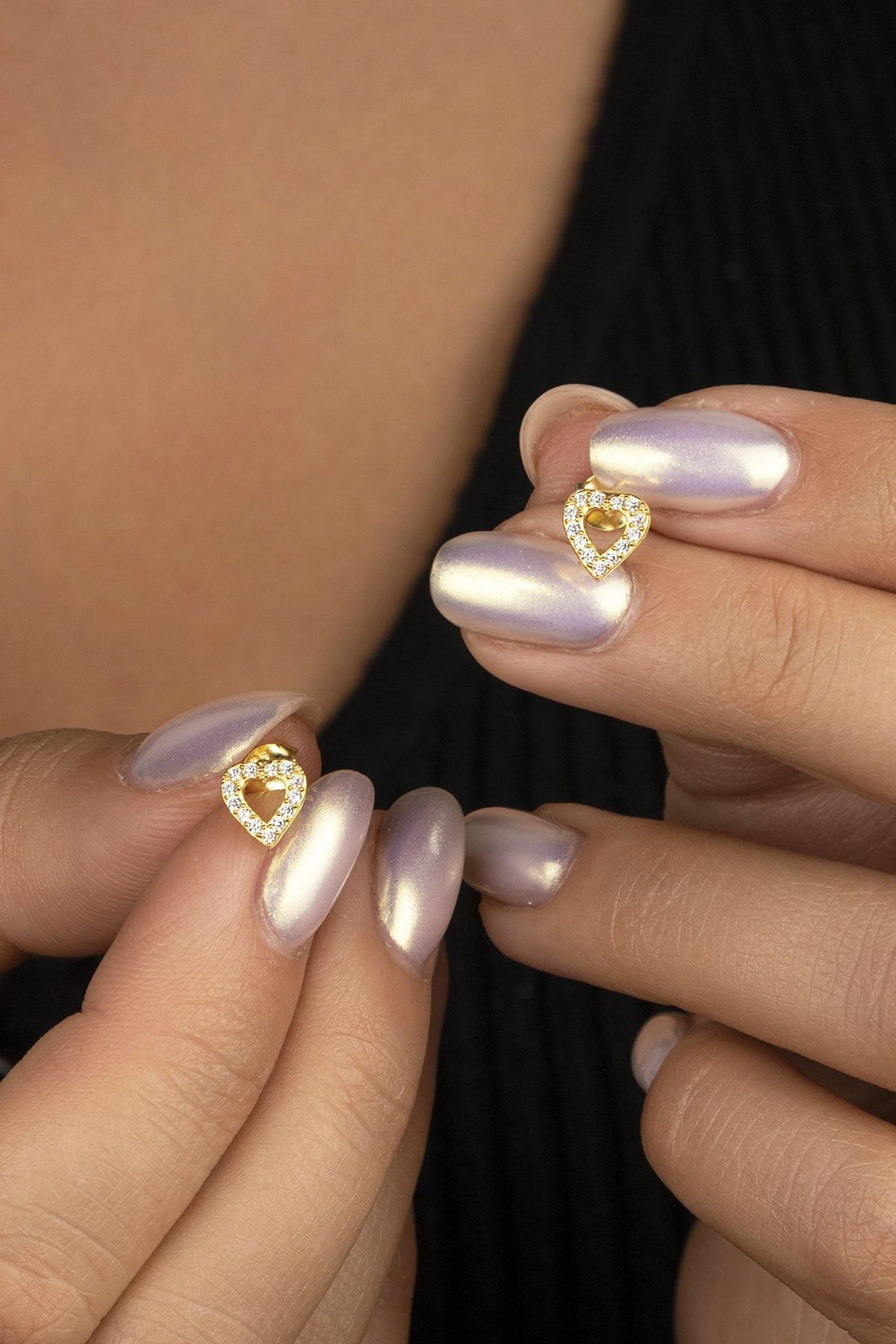 Gold Zirkon Taşlı Kalp Gümüş Küpe