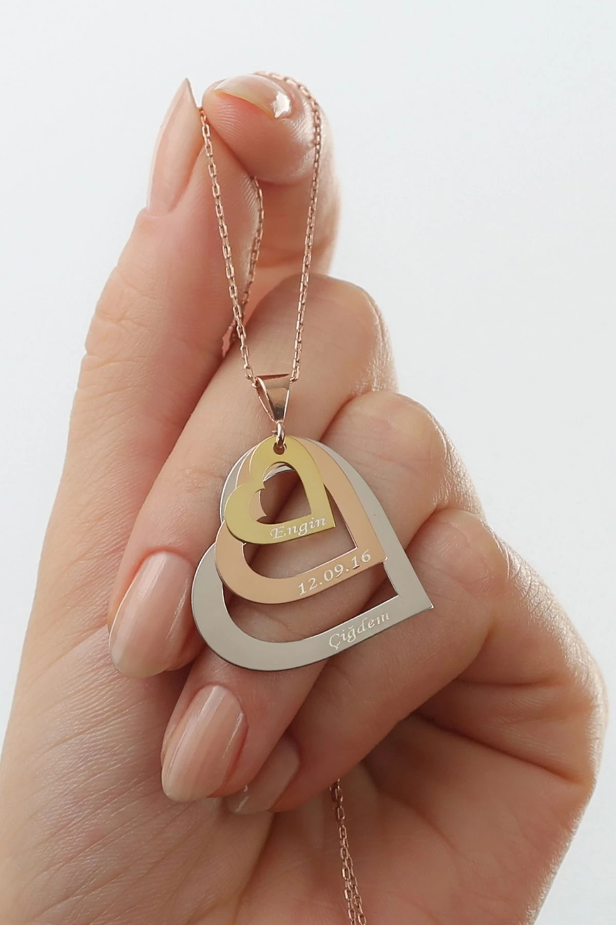 Gümüş Isimli Üç Kalpli Kolye