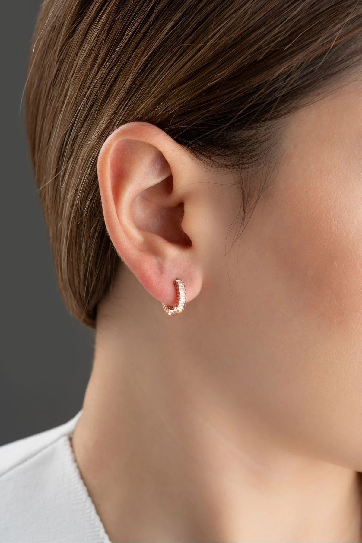 Gümüş Küçük Boy Baget Taşlı Halka Küpe