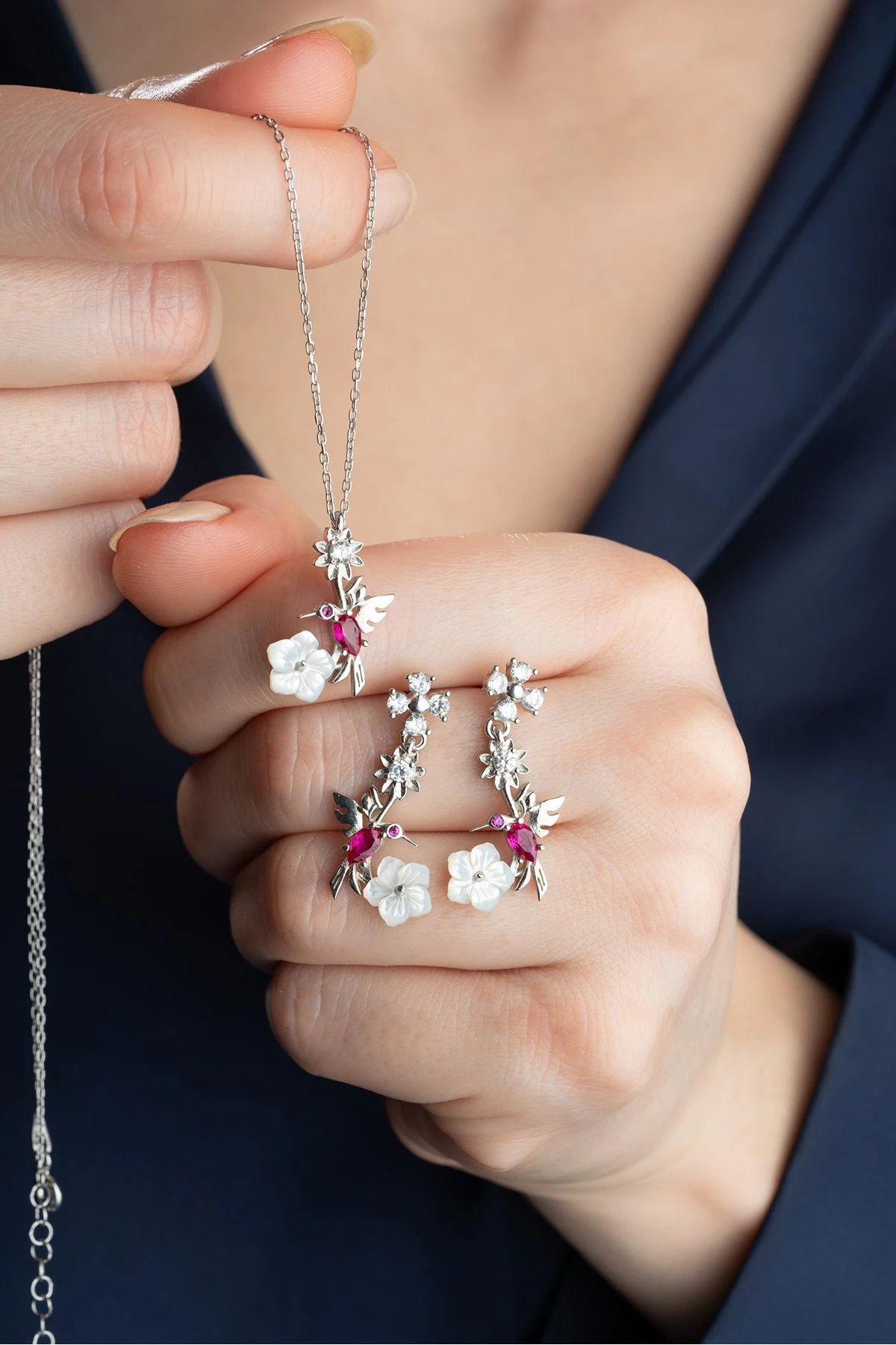 Gümüş Sedefli Arı Kuşu Kolye Küpe Seti