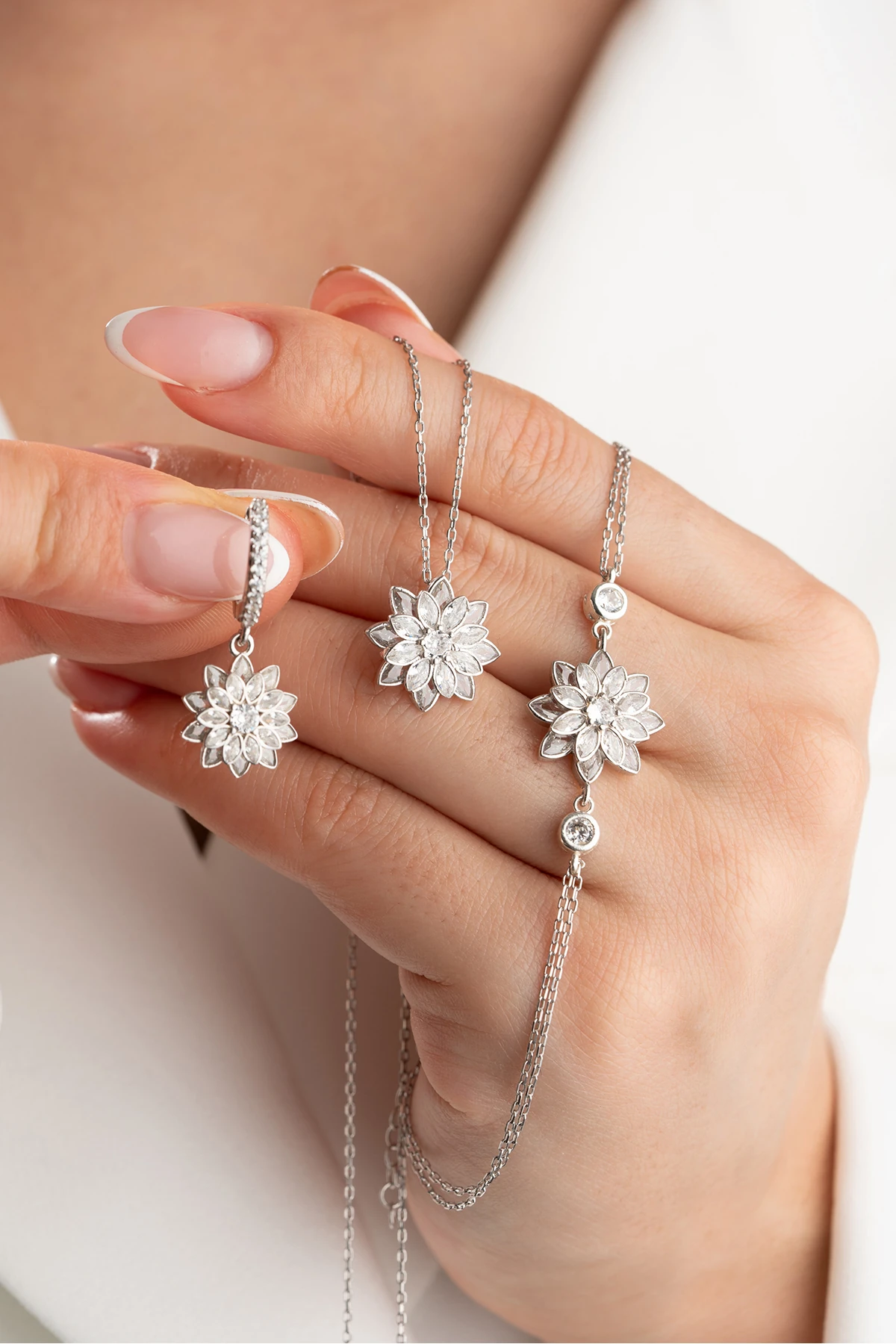 Gümüş Lotus Çiçeği Takı (Kolye-Küpe-Bileklik) Seti