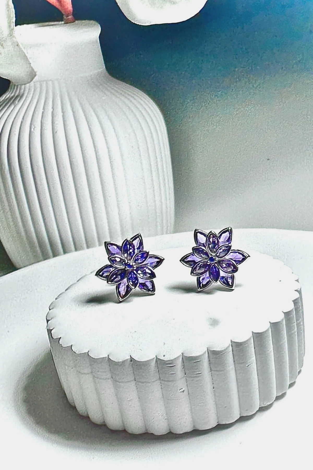 Gümüş Mor Lotus Çiçeği Küpe