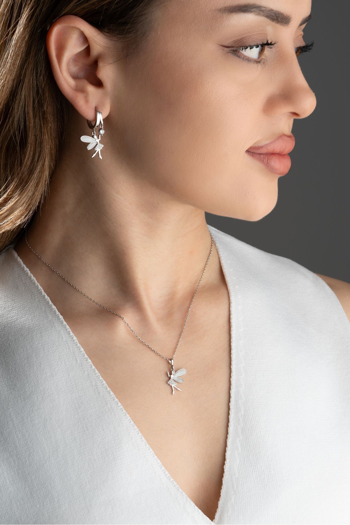 Gümüş Işıklı Kutuda Peri Kolye Küpe Seti