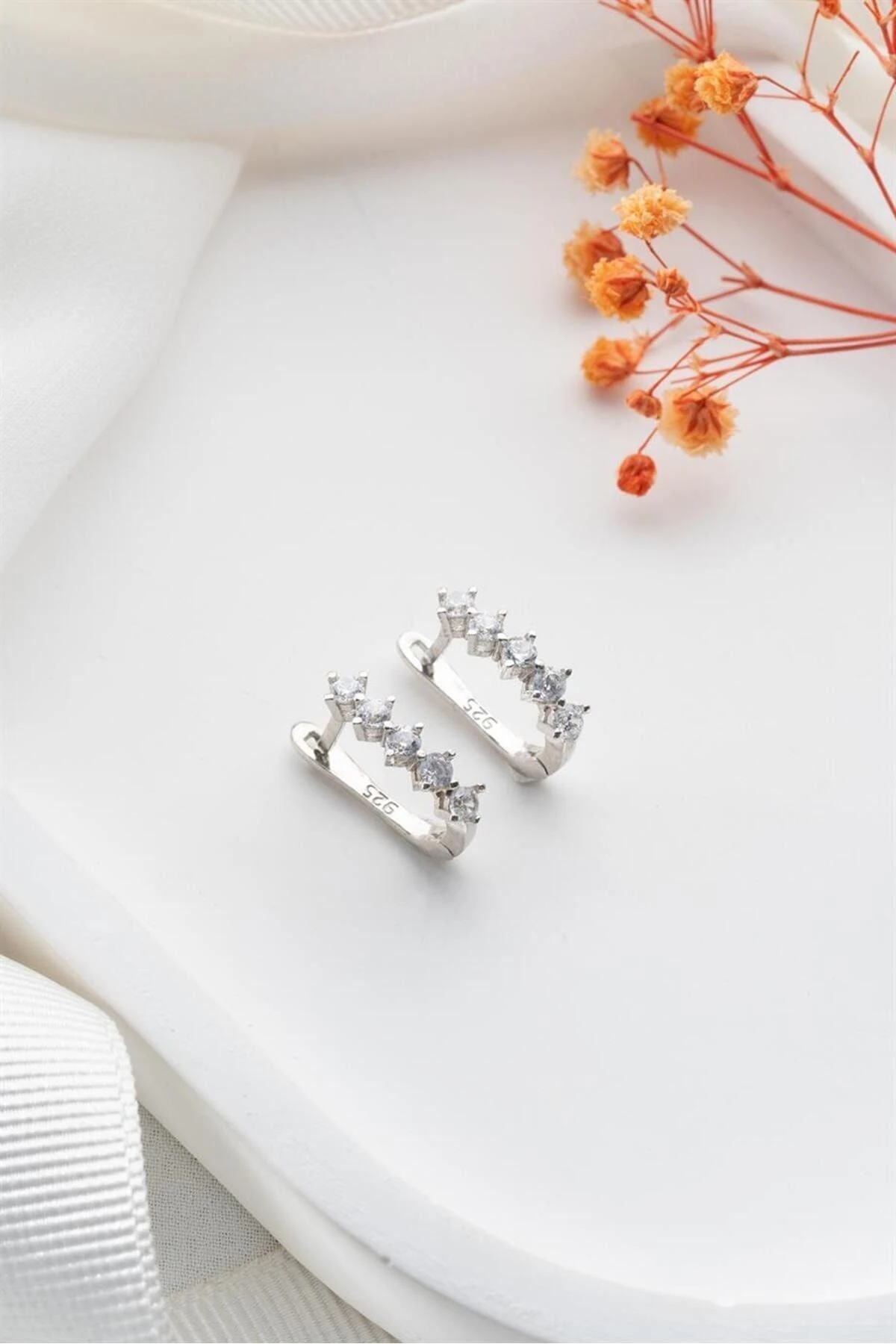 5 Taşlı Tasarım Gümüş Küpe