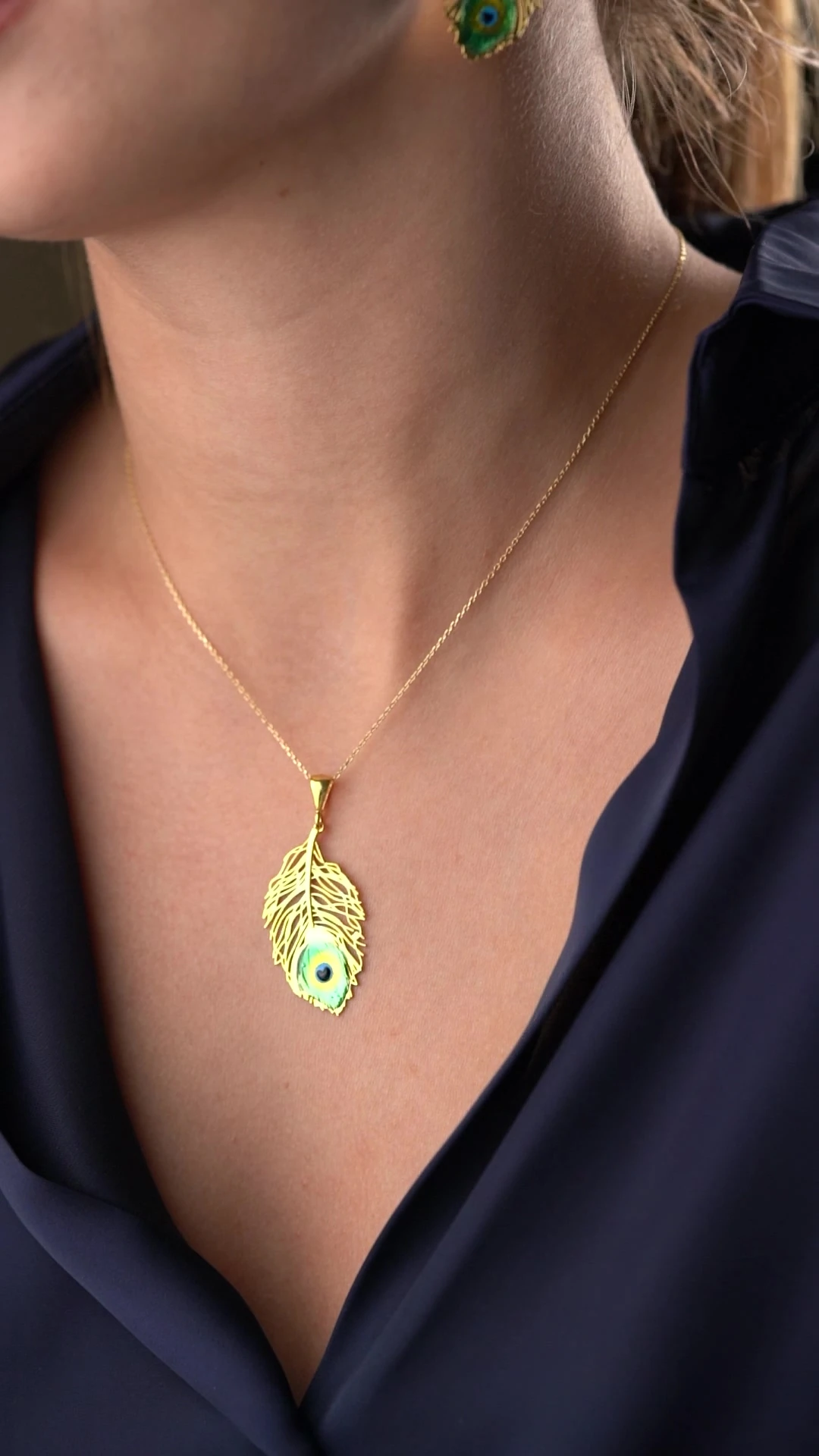 Gümüş Gold Tüy Takı (Kolye-Küpe) Seti