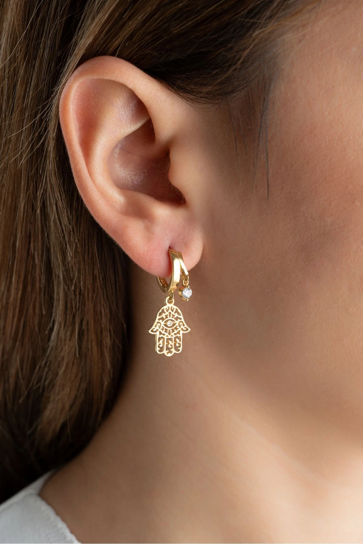 Gümüş Çift Taşlı Fatma Ana Eli Küpe