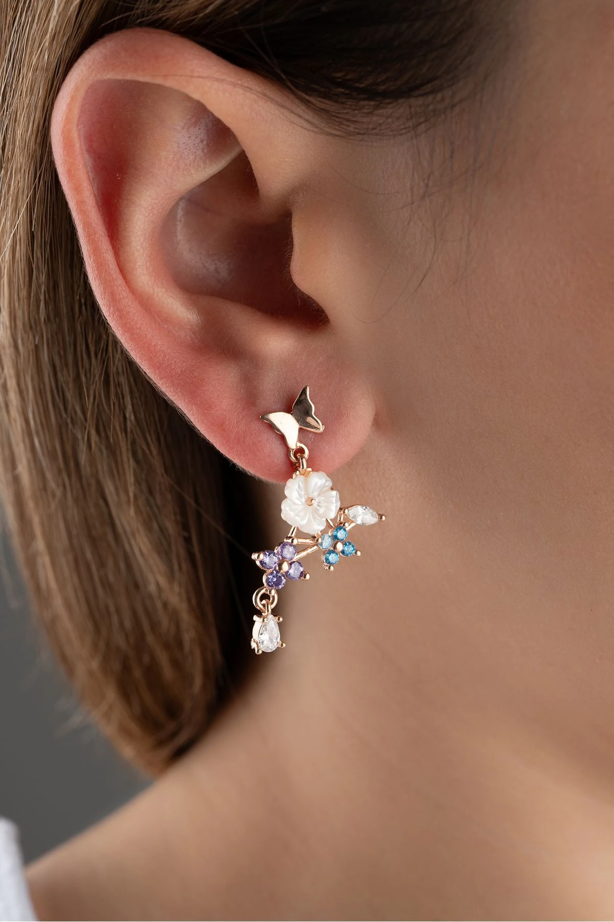 Rose Sedefli Renkli Gümüş Küpe