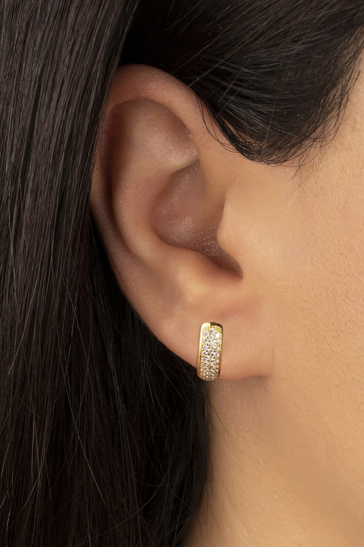 Gold Zirkon Taşlı Halka Gümüş Küpe