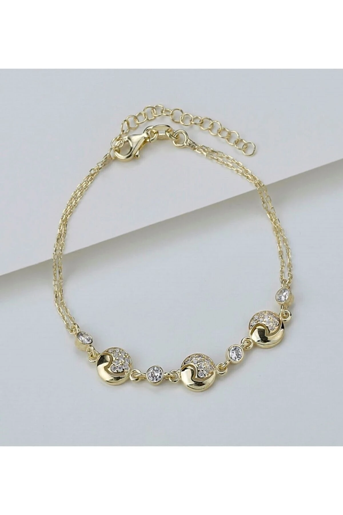 Gold Yuvarlak Zirkon Taşlı Gümüş Bileklik
