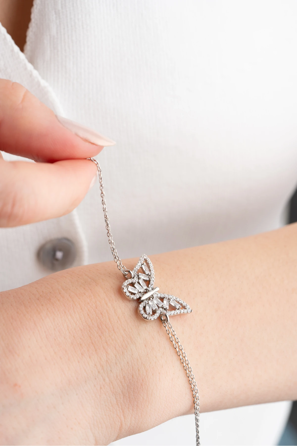 Gümüş Baget Taşlı Kelebek Bileklik