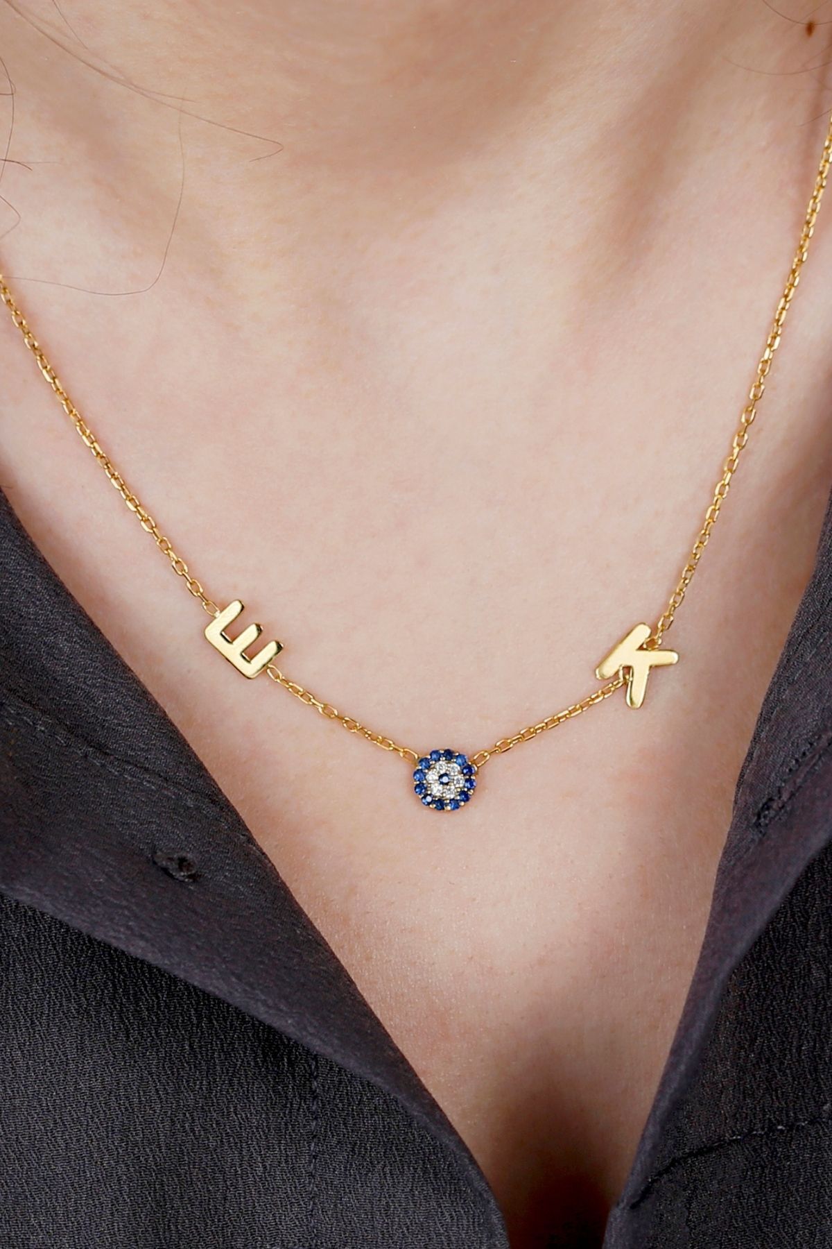 Gümüş Nazar Boncuklu Harfli Kolye