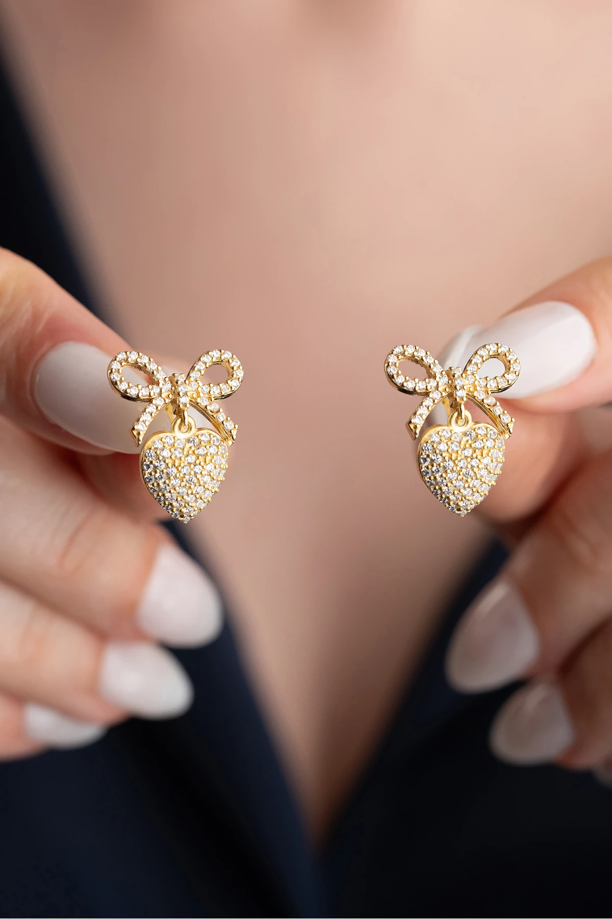 Gümüş Gold Fiyonklu Kalp Küpe