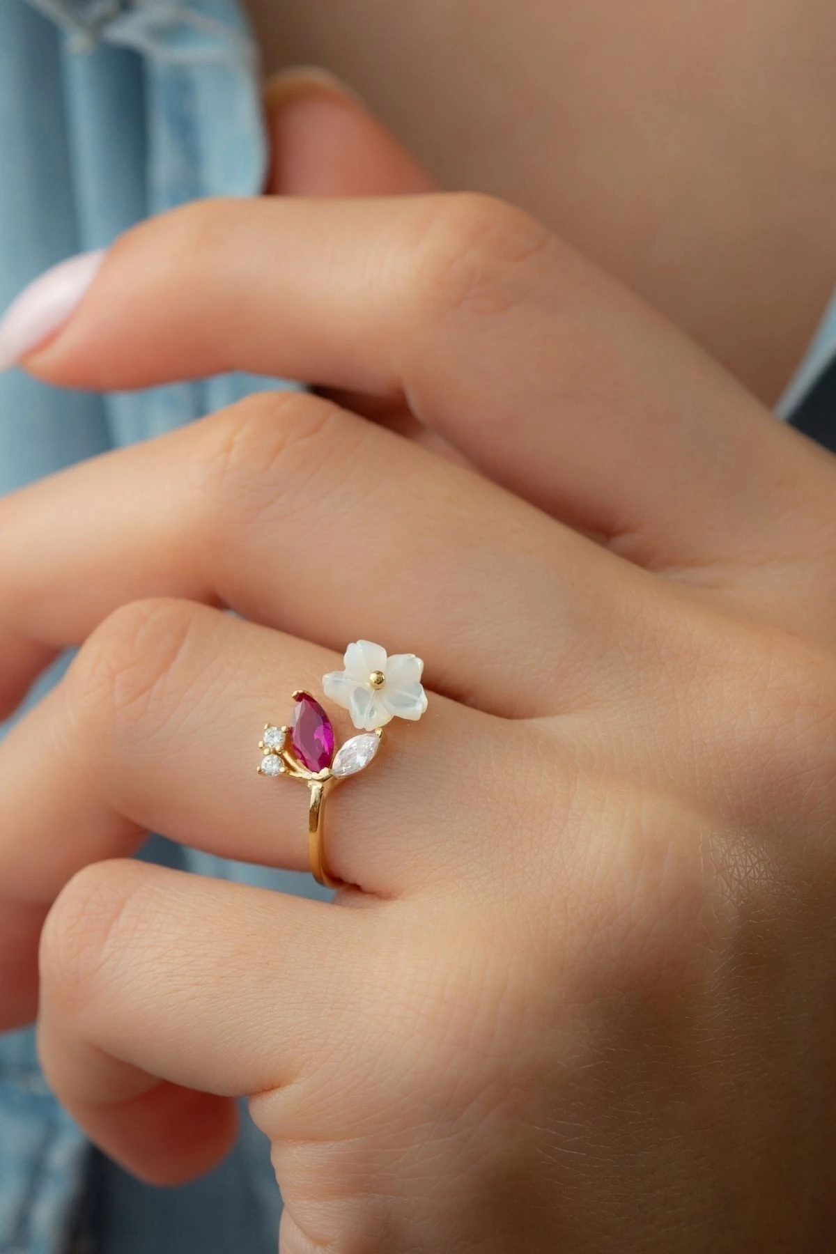 Gold Gümüş Sedefli Çiçek Yüzük