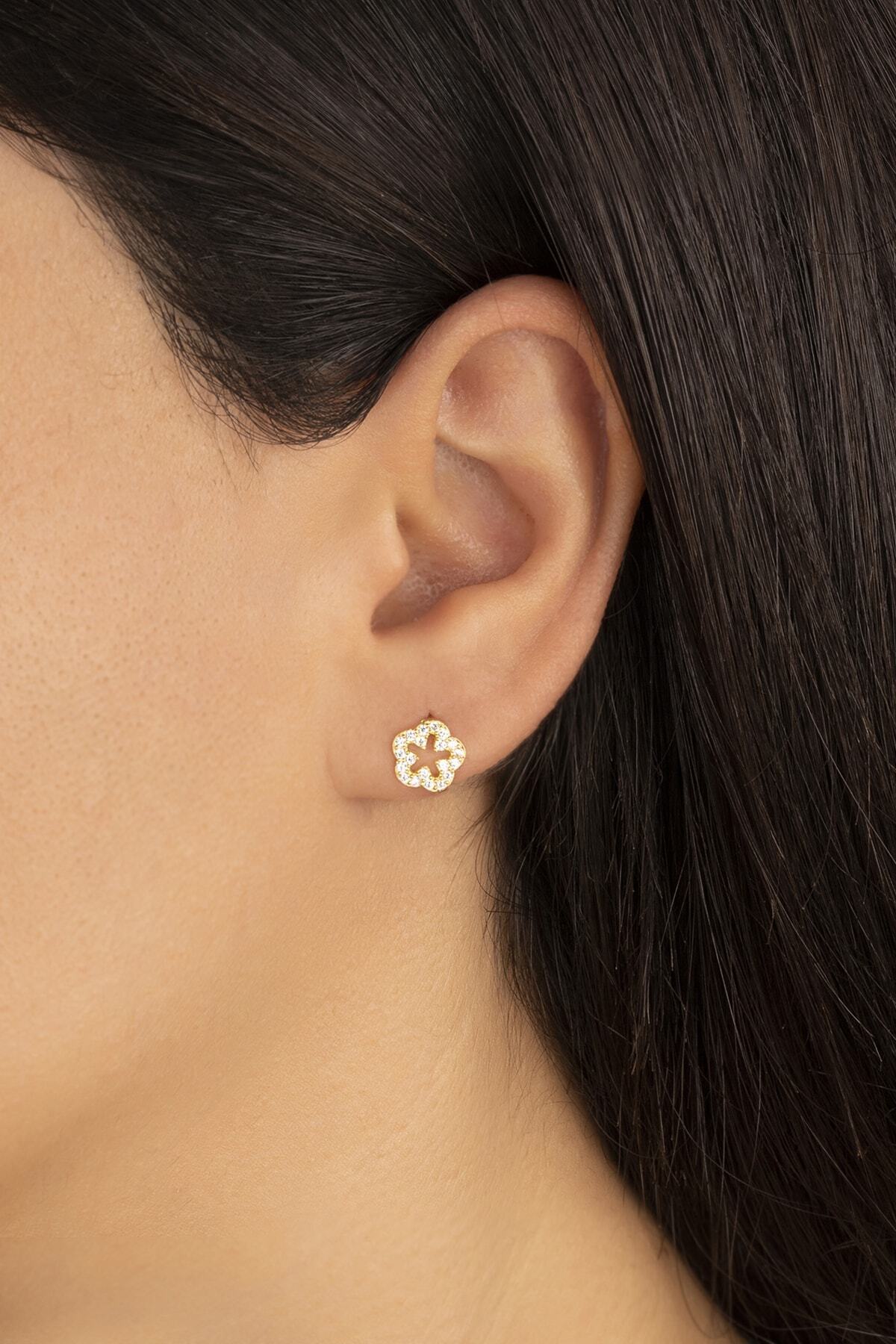 Gold Zirkon Taşlı Çiçek Gümüş Küpe