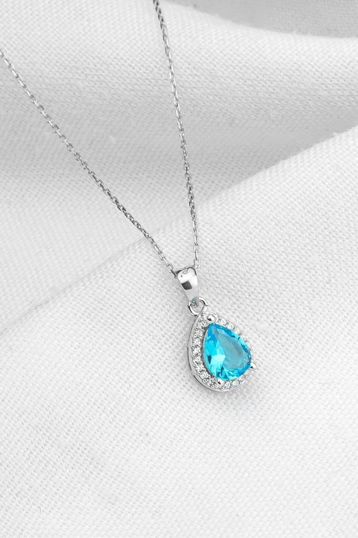 Gümüş Mavi Taşlı Damla Kolye