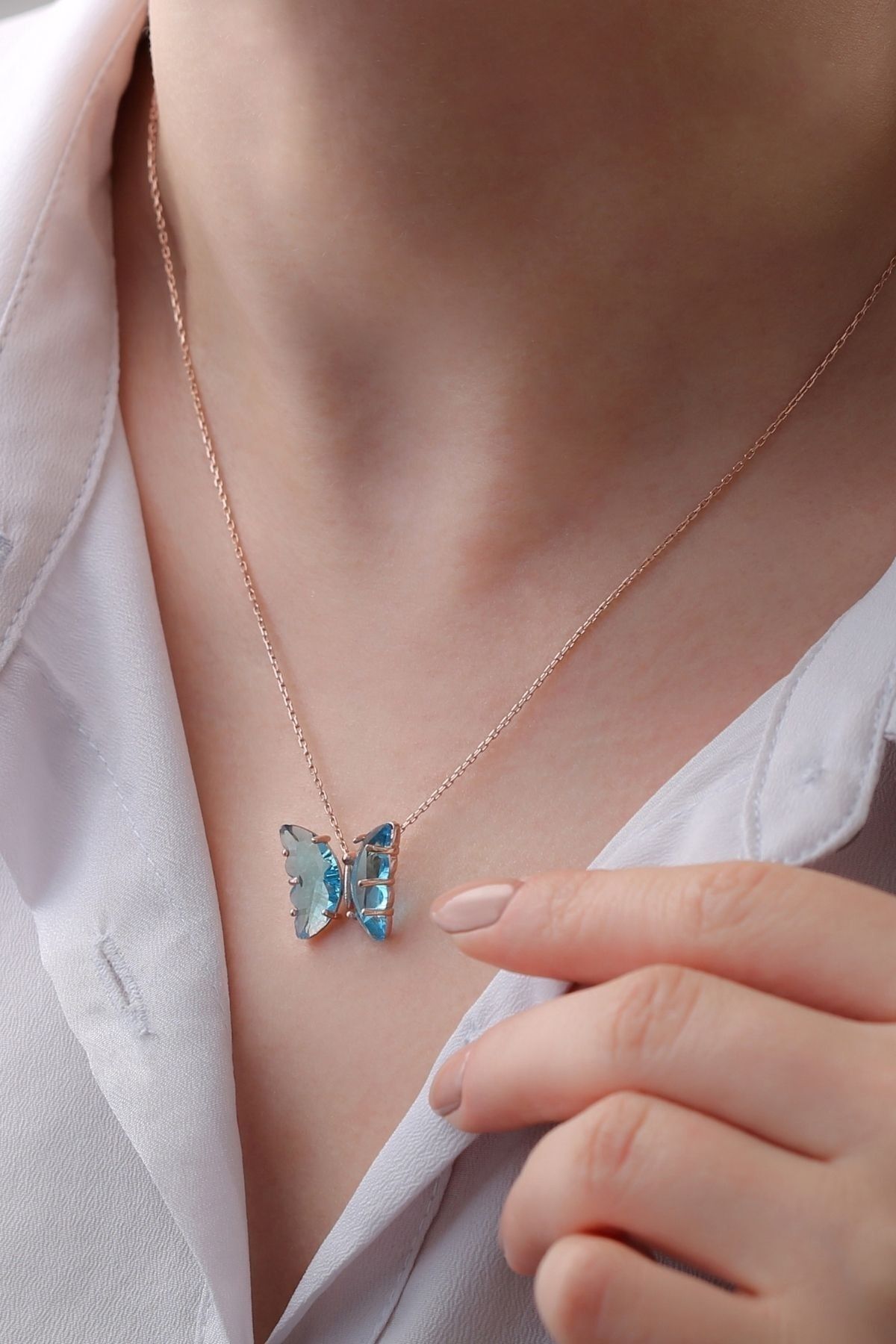 Gümüş Rose Turkuaz Cam Kelebek Kolye