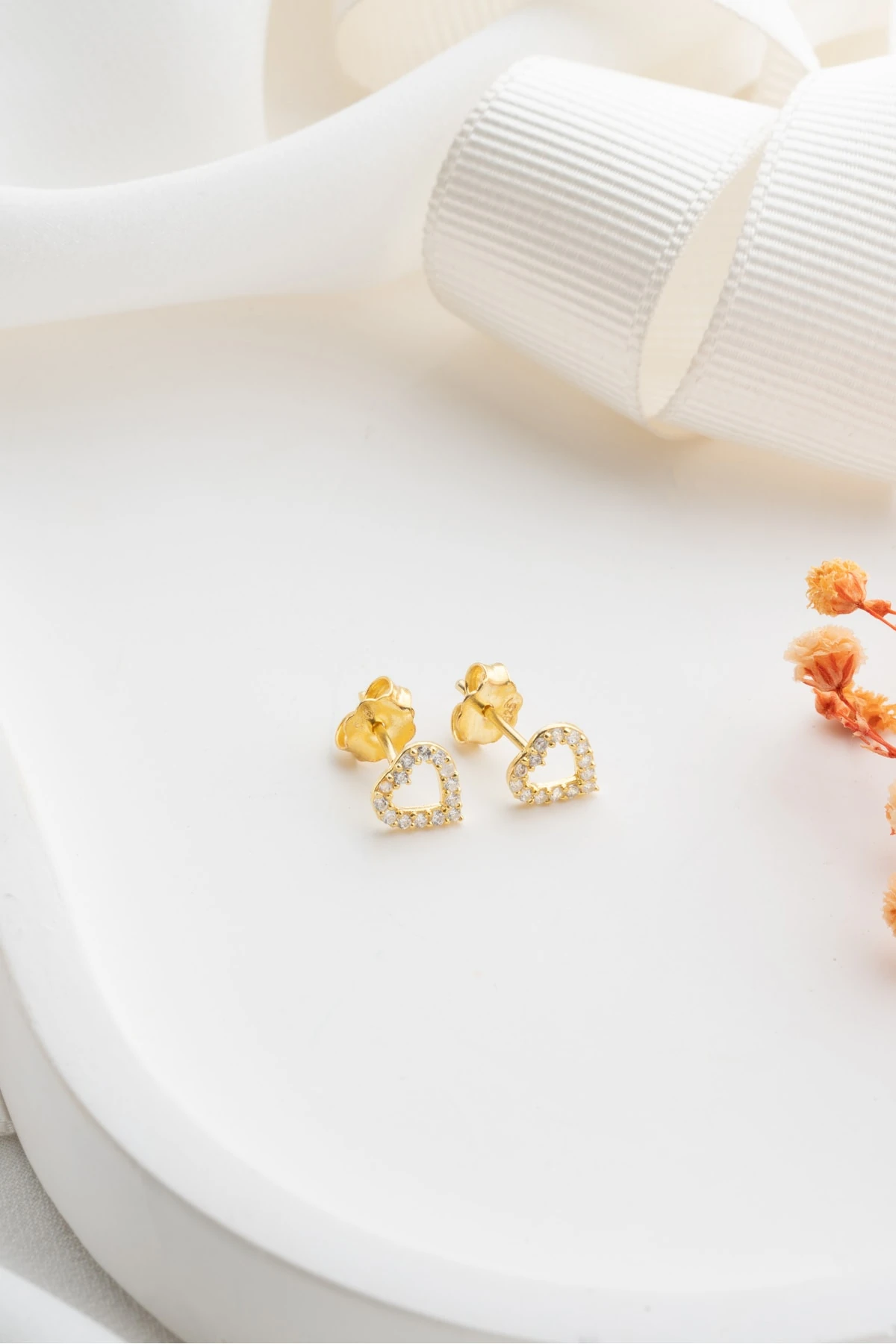 Gümüş Gold Zirkon Taşlı Kalp Küpe