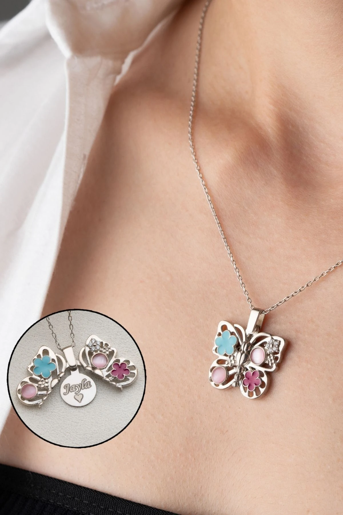 Gümüş Açılabilen İsimli Kelebek Kolye