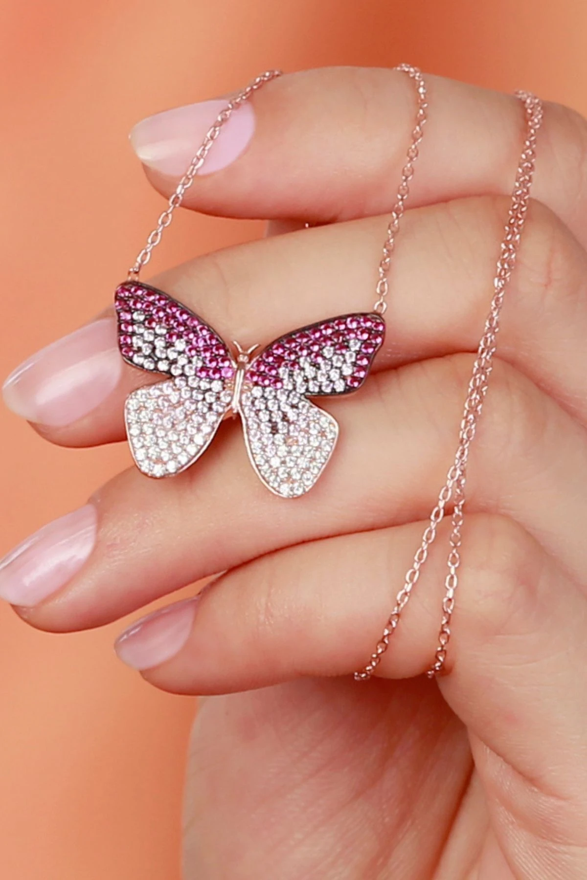 Gümüş Rose Pembe Taşlı Kelebek Kolye