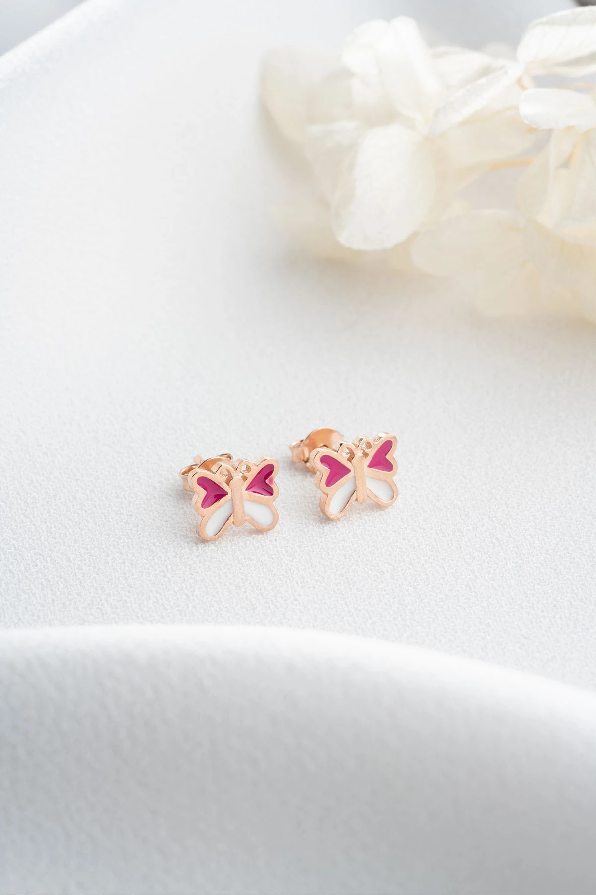 Gümüş Fuşya Kelebek Minik Çivili Küpe